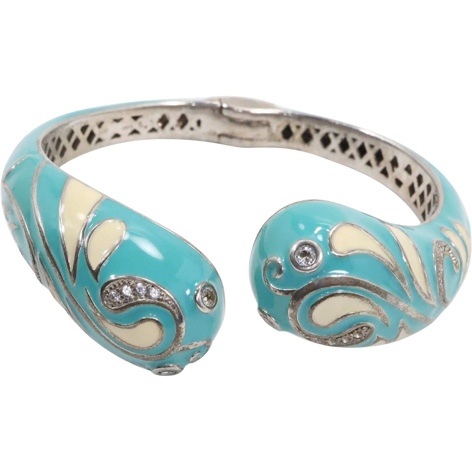 .925 Sterling Silver EMA Enameled Cuff Bracelet – Green and Ivory Tones (1 of 13)