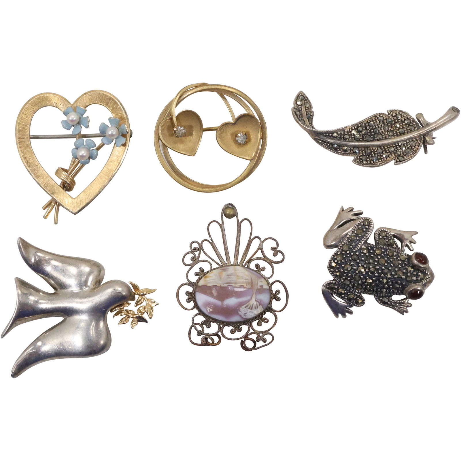 6 Assorted Pins: Cameo Pendant; Krementz Heart Pin; 14 K GF Double Leaf [Hearts]  Pin; .925 (1 of 13)