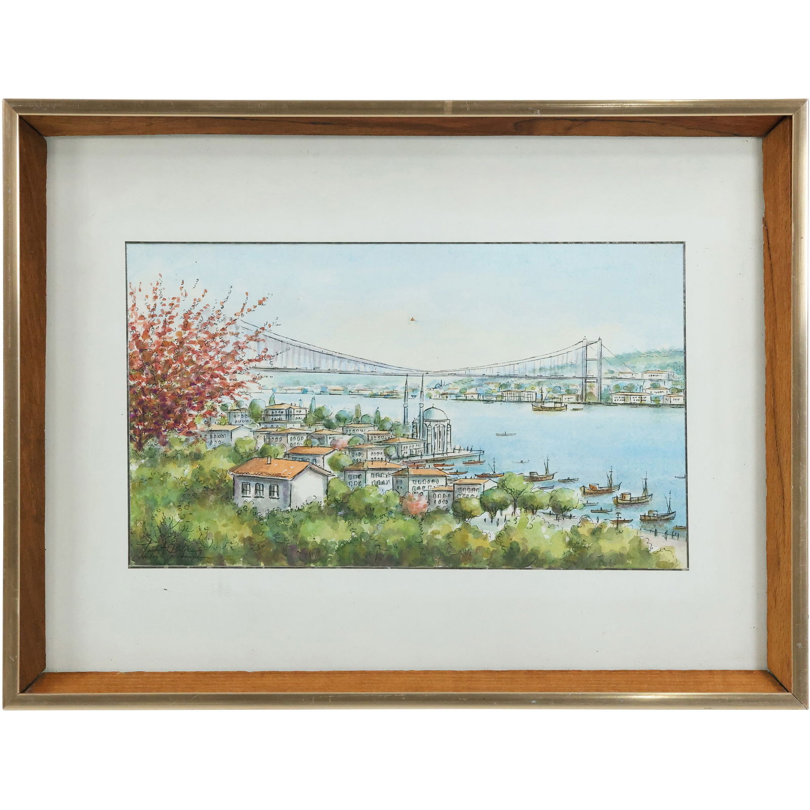 Signed Bilge, Watercolor Painting Bosphorus Bridge, Istanbul, Turkey, Framed (1 of 15)