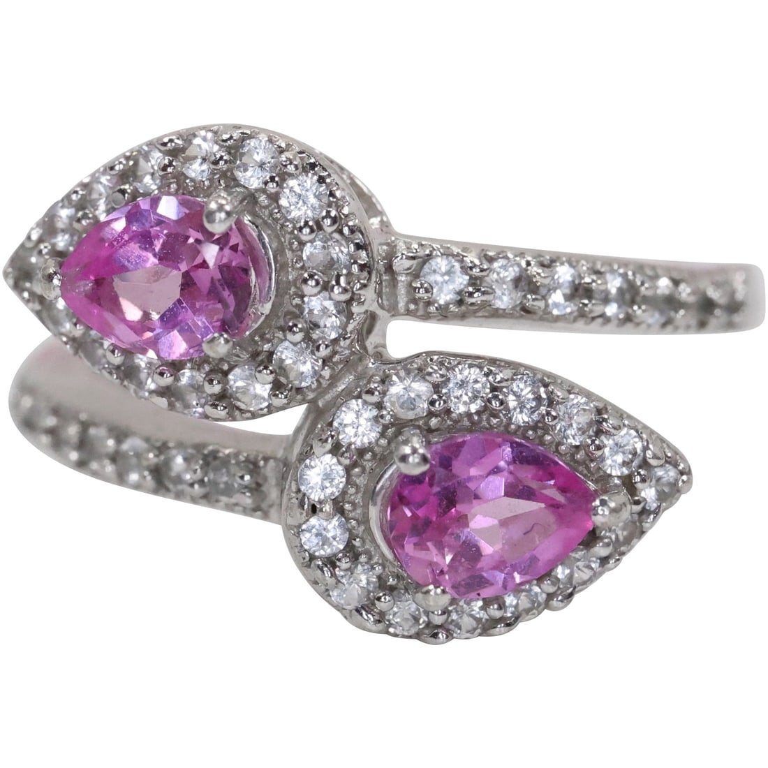 .925 Sterling Silver Tear Shaped White Topaz with Pink Sapphires Ring Size 7 , 3/4 in. x 1/2 in. (1 of 15)