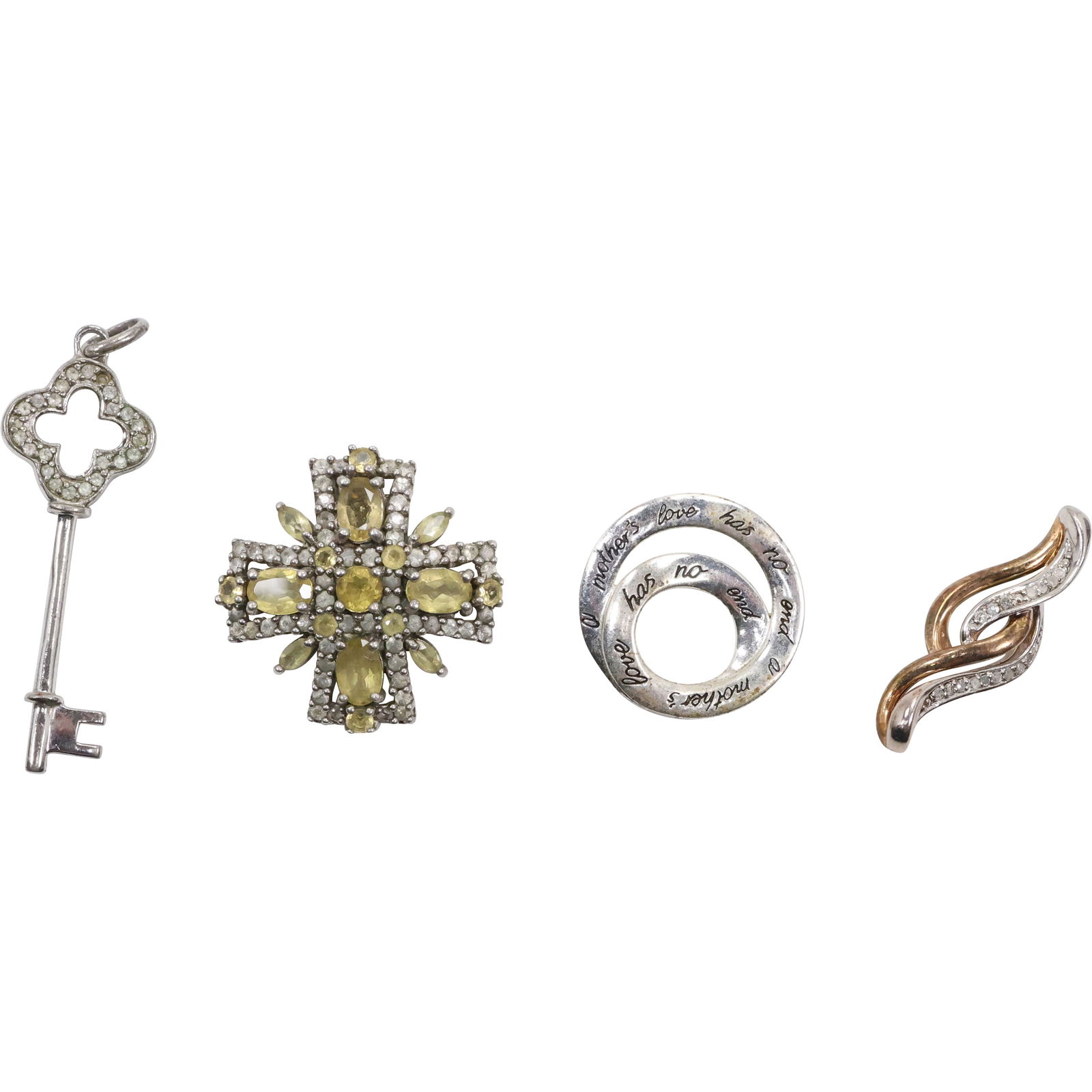 4 Assorted .925 Sterling Silver Pendants: .925 Double Circle  7/8 in. ; .925 2-tone with Diamonds (1 of 12)