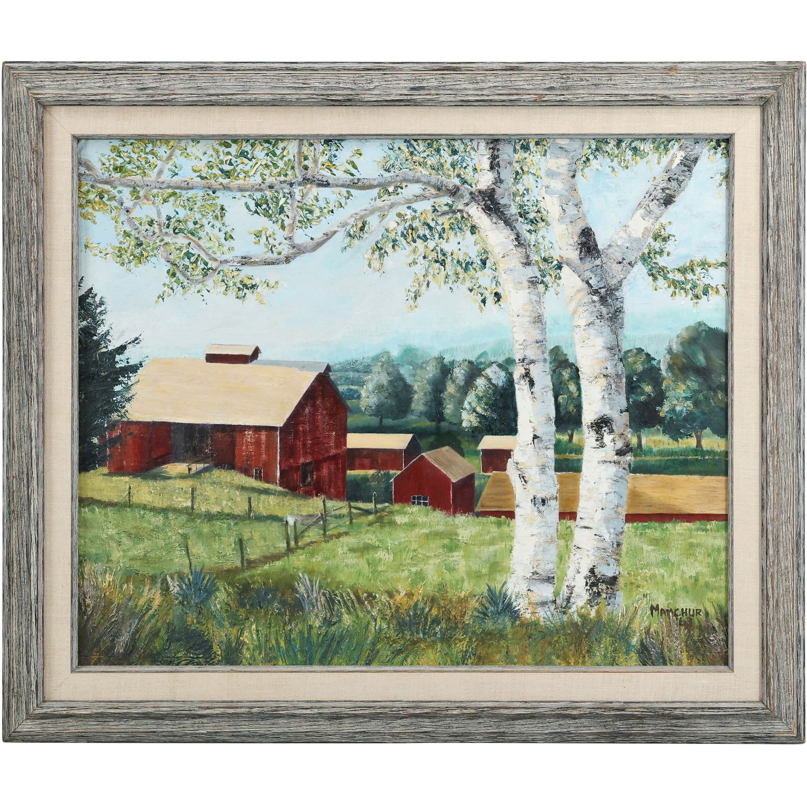 Mamchur 1963, Oil on Board Painting Rural Barns in Landscape with Birch Trees, Framed (1 of 8)
