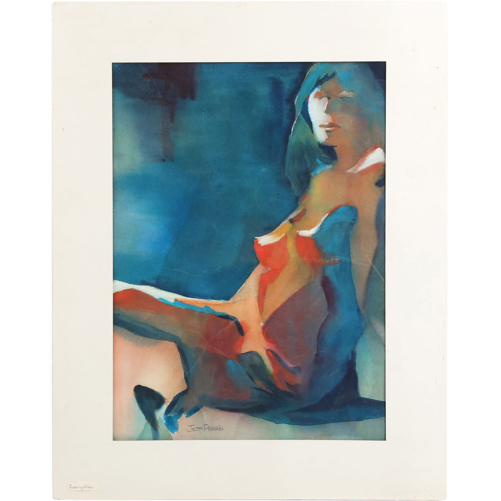 Jeff Perrin, Fine Modernism Watercolor Painting titled "Evening Glow", Nude: This captivating watercolor painting by modernist artist Jeff Perrin, titled "Evening Glow," features a striking depiction of a reclining nude figure bathed in rich, atmospheric hues. The artist's mas