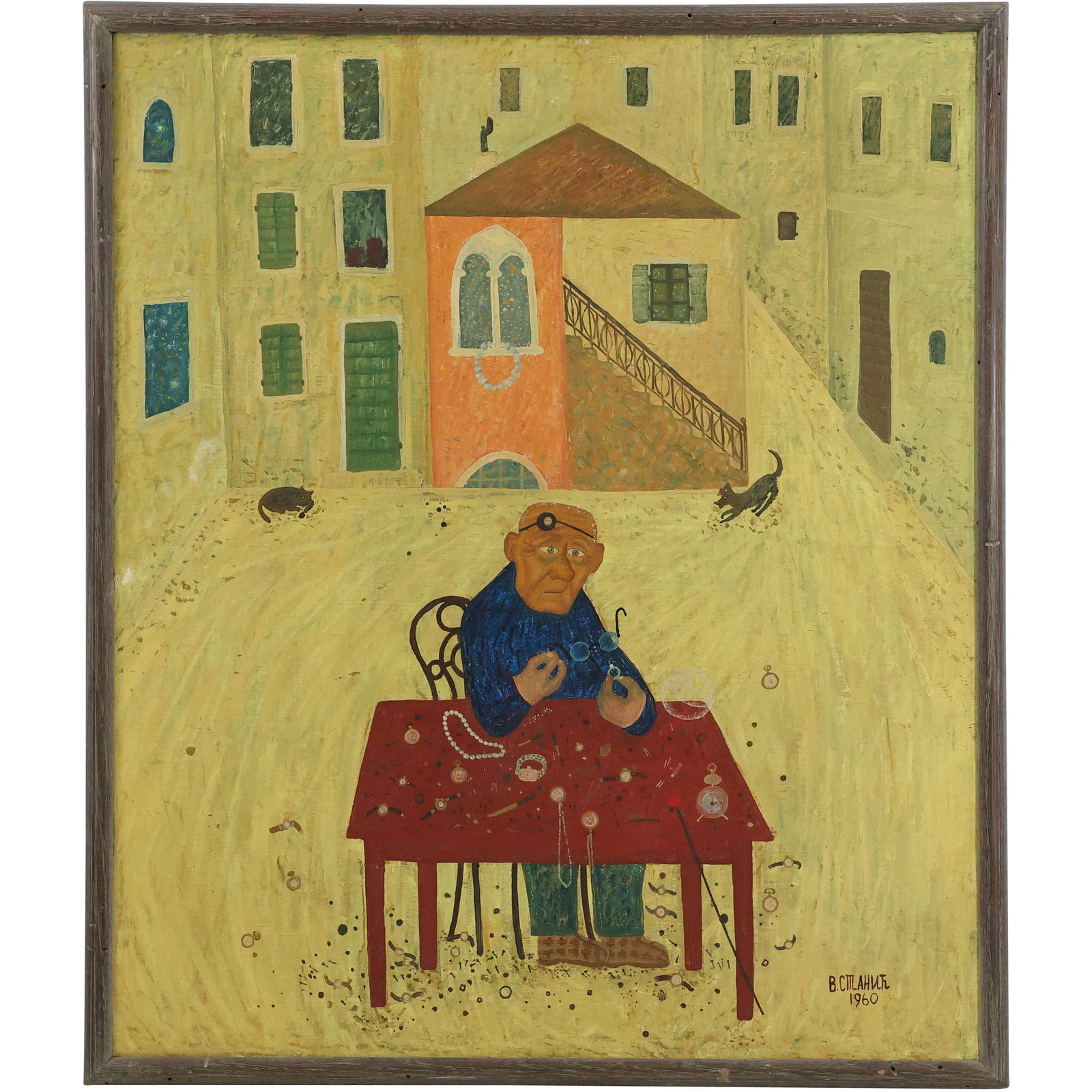 Signed B CMAHUTH 1960, Oil on Canvas Painting Jewelry Dealer, Nadi od Voja Stanica: This charming 1960 oil on canvas painting by B. Cmahuth depicts a jewelry dealer seated at a table, surrounded by a quaint village setting. The artwork is rendered in a naive style, featuring bold col
