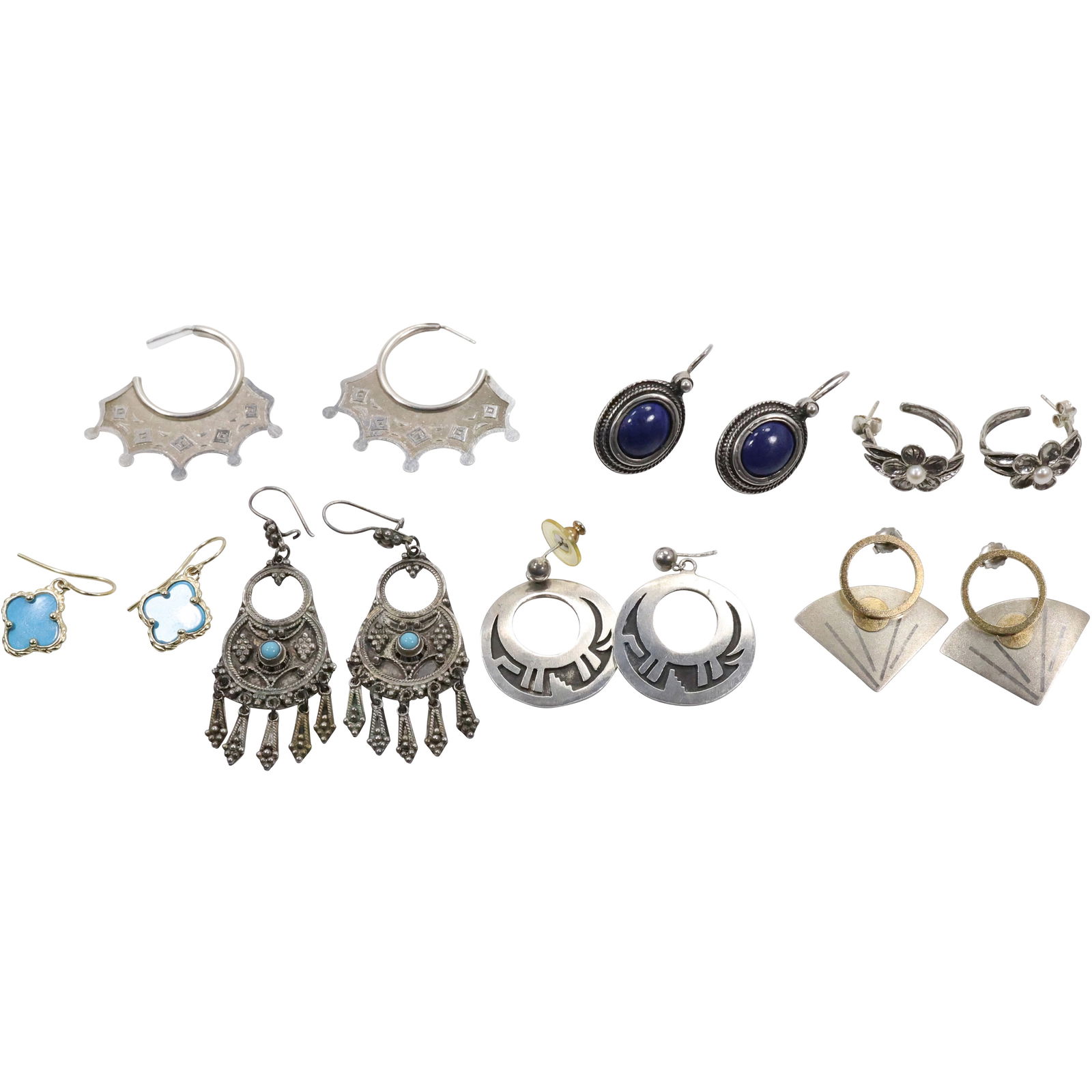 7 Assorted Pairs Sterling Silver Pierced Earrings: Fan & Circle 1 1/4 in. dia.; .925 with Lapis (1 of 17)