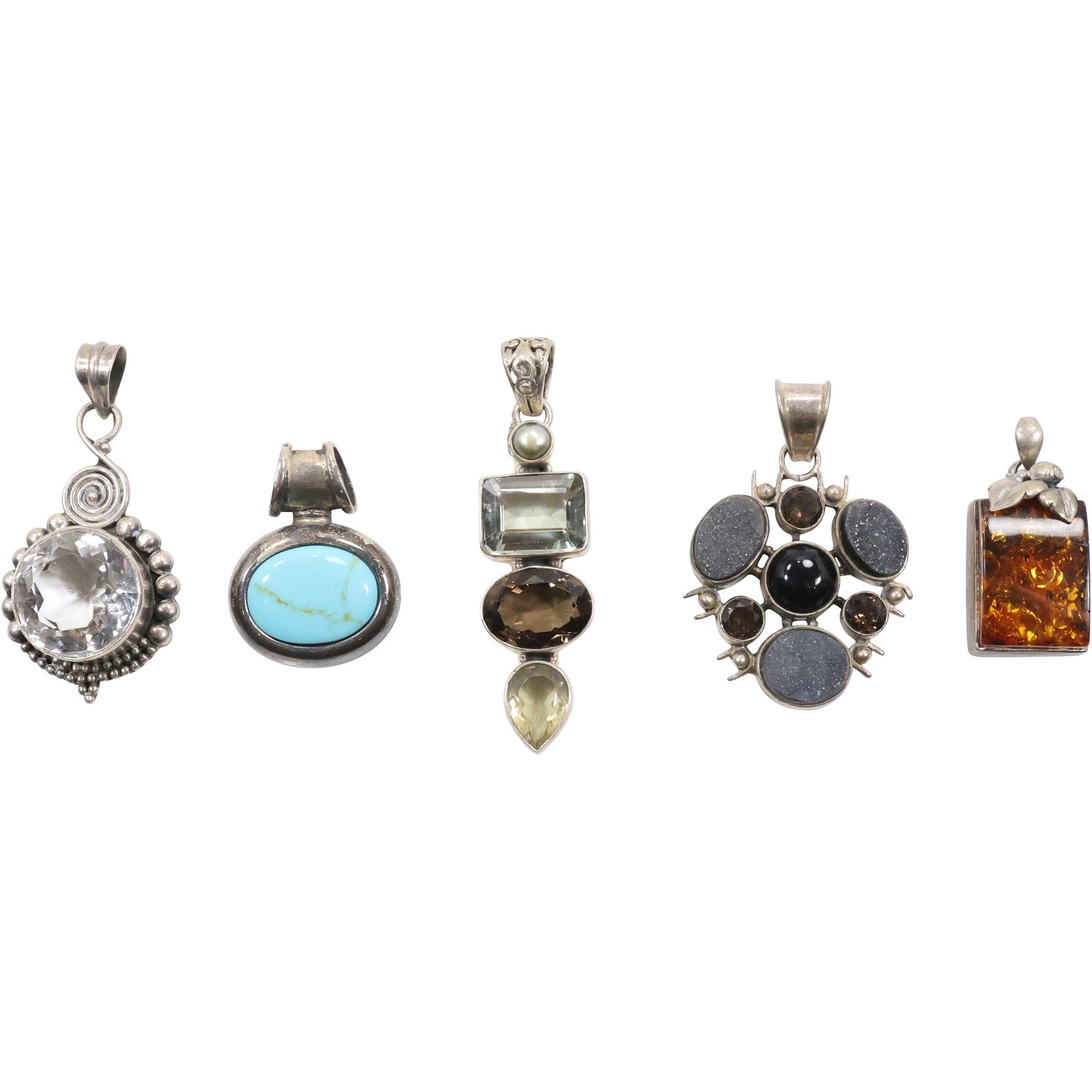 5 Assorted Sterling Silver Pendants: Sterling with a Large Faceted White Amethyst 2 1/2 in. x 1 1/4 (1 of 16)