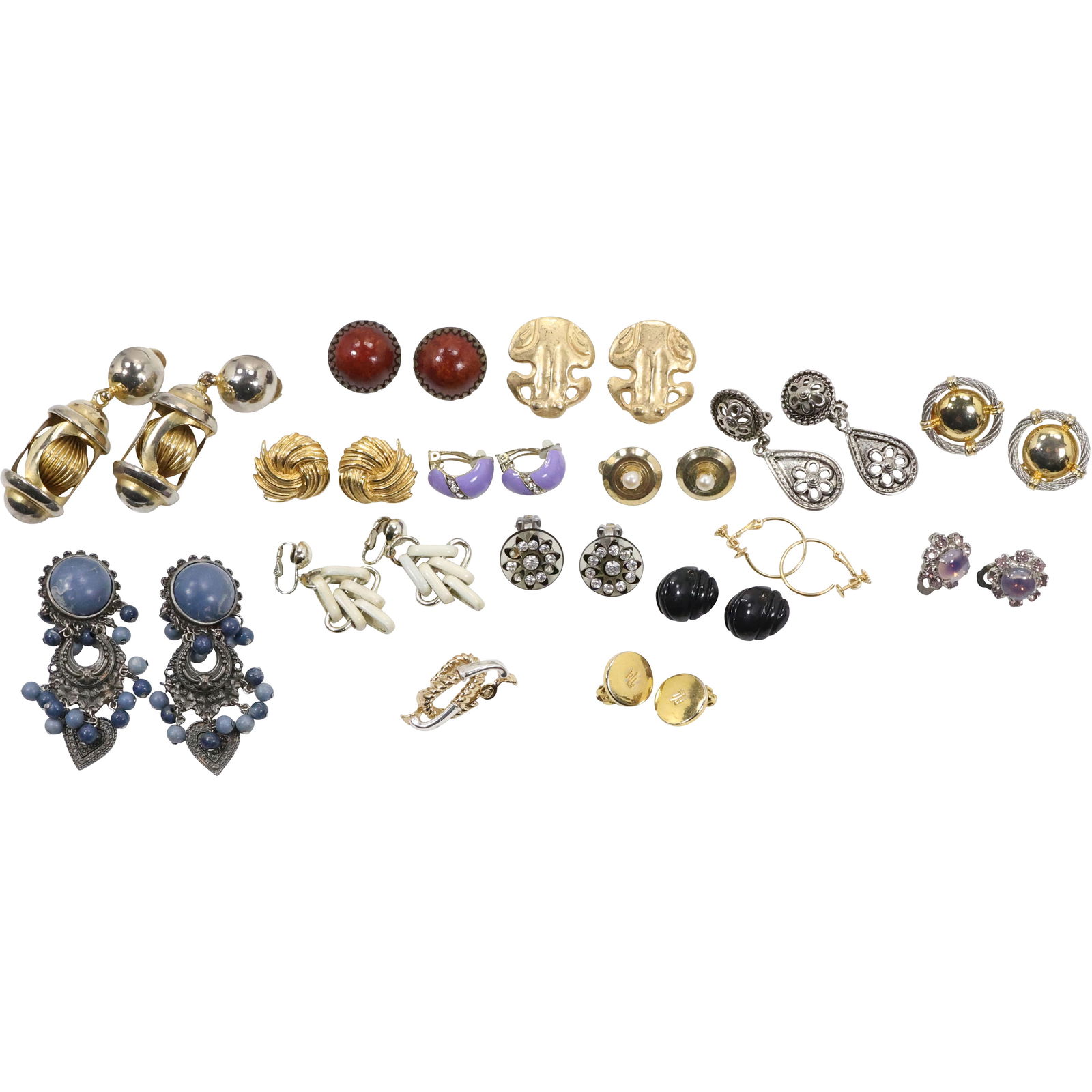 16 Assorted Pairs of Clip-on Earrings: Lantern Gold Tone 3 in. x 1 in.; Faux Lapis Silver Tone; (1 of 17)