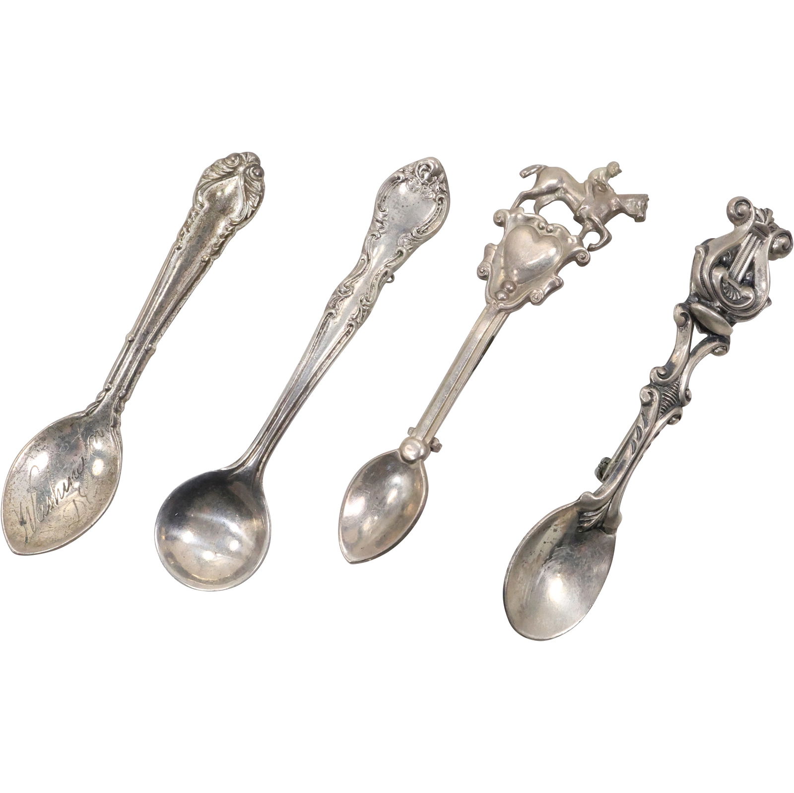 4 Sterling Silver 17.5 grams "Spoon" Pins; Harp 2 1/2 in. x 1/2 in.; Horse 2 5/8 in. x 3/4 in.; [2]: 4 Sterling Silver 17.5 grams "Spoon" Pins; Harp 2 1/2 in. x 1/2 in.; Horse 2 5/8 in. x 3/4 in.; [2] Classic both 2 1/2 in. x 5/8 in.