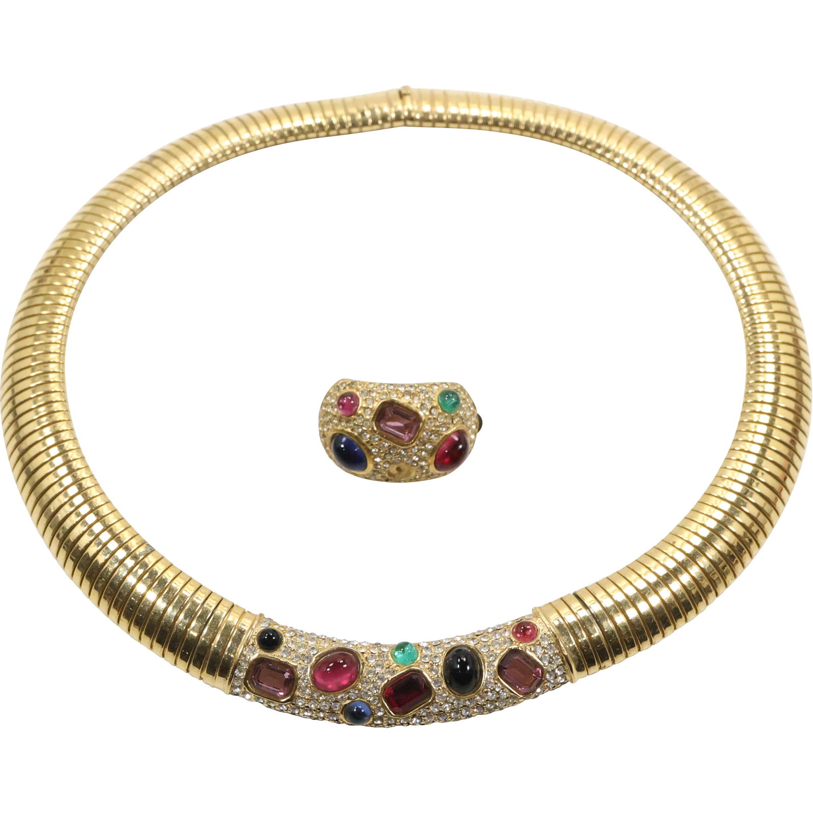 Ciner Gold Tone Spring Collar Necklace Embellished with Misc. Cabochon Gems , 1 Odd Earring (1 of 17)