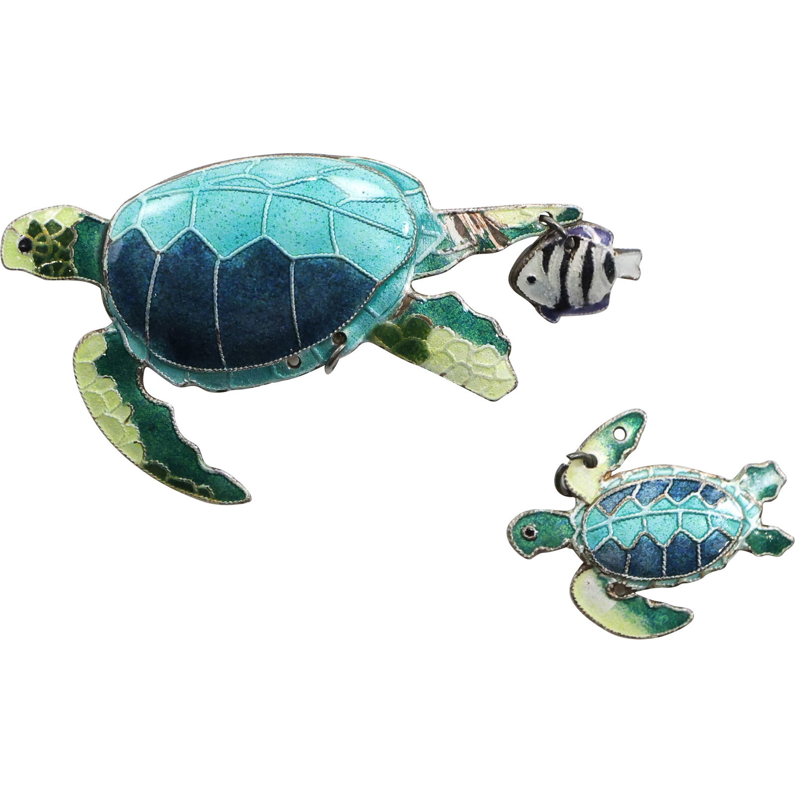Sterling Silver Enameled Sea Turtle Pin with attached Fish and Deattached Baby Turtle Pin (1 of 10)