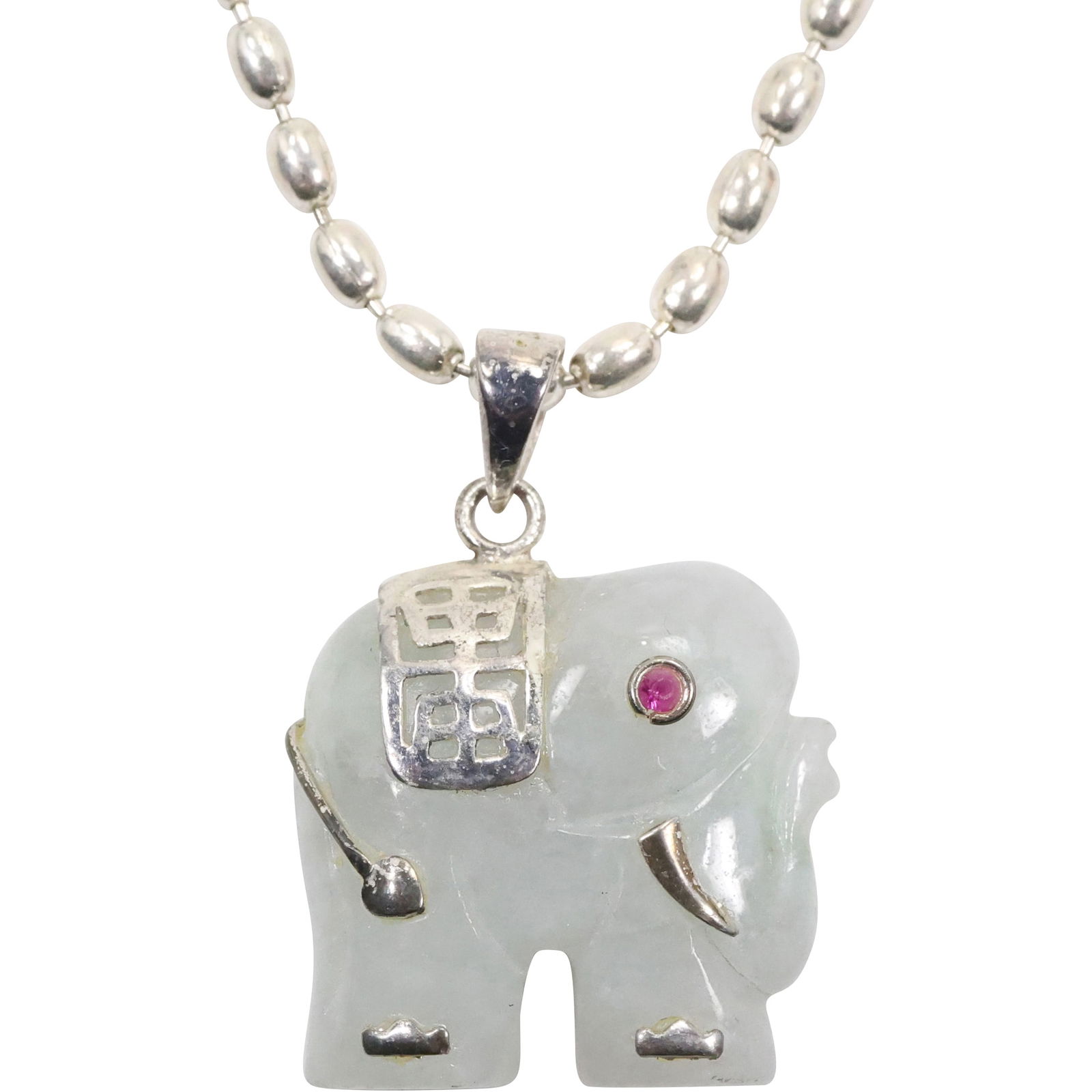 .925 Sterling Silver and Jade Elephant with Ruby Eye Pendant Necklace on .925 Bead 18 in. Chain (1 of 10)