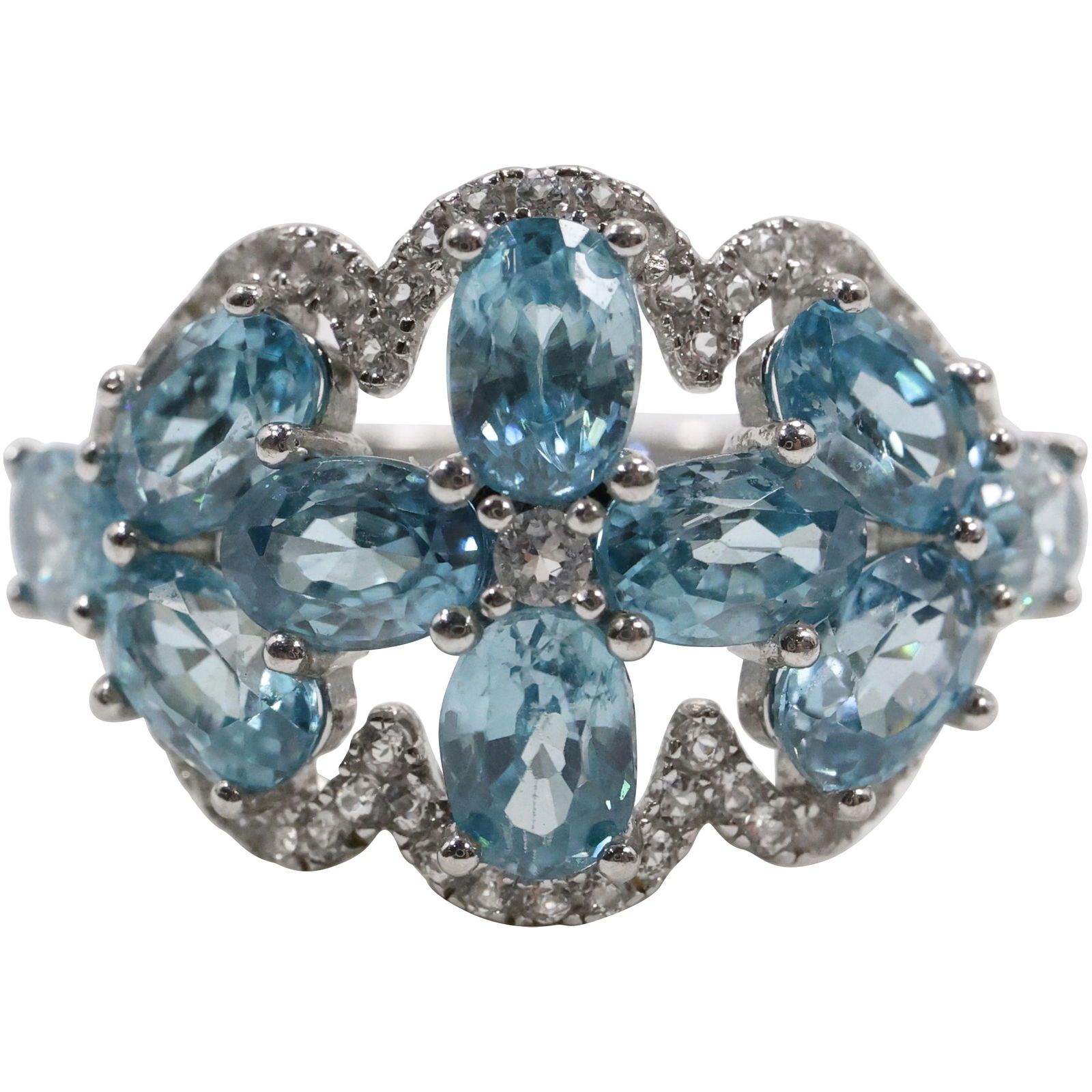 Stunning Quality .925 Sterling Silver Blue Topaz and White Topaz Cocktail Ring Size 7.25 (1 of 15)