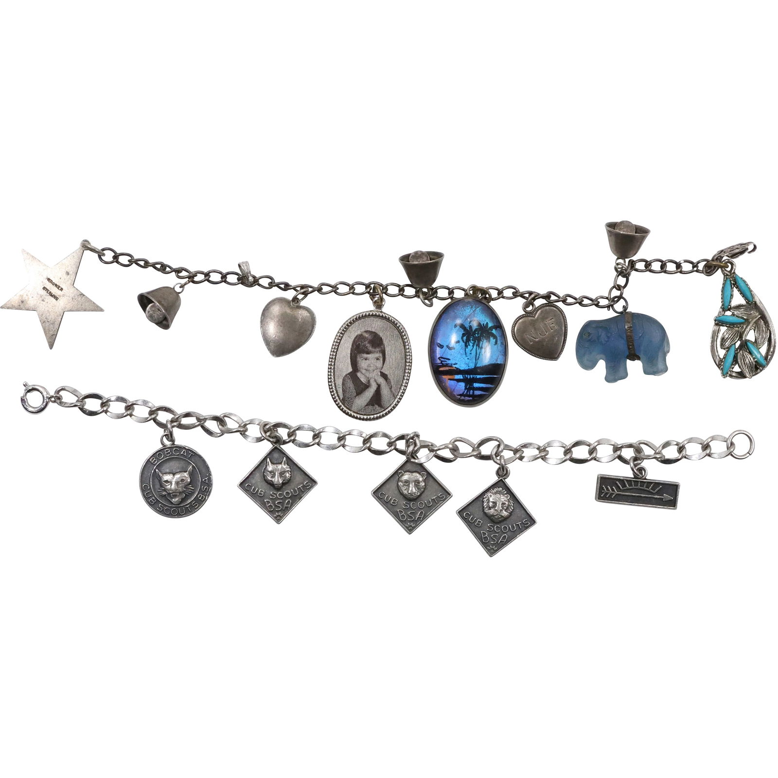 [2] Sterling Silver Charm Bracelet with 5 Sterling Charms; Sterling Charm Bracelet all Sterling (1 of 16)