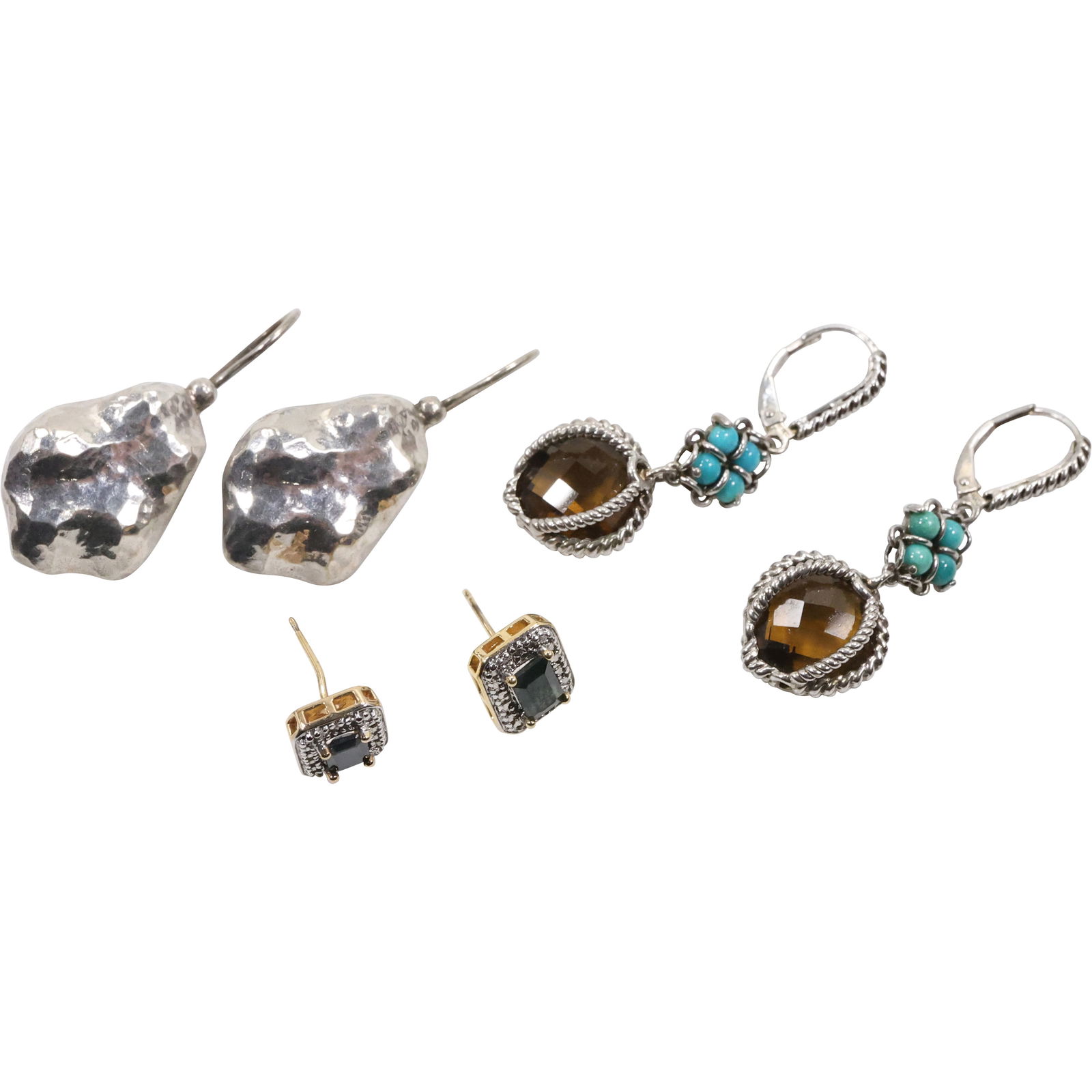3 Assorted Pairs Sterling Silver Pierced Earrings: Ateliar .925 Smokey Citrine & Turquoise Beads; (1 of 11)