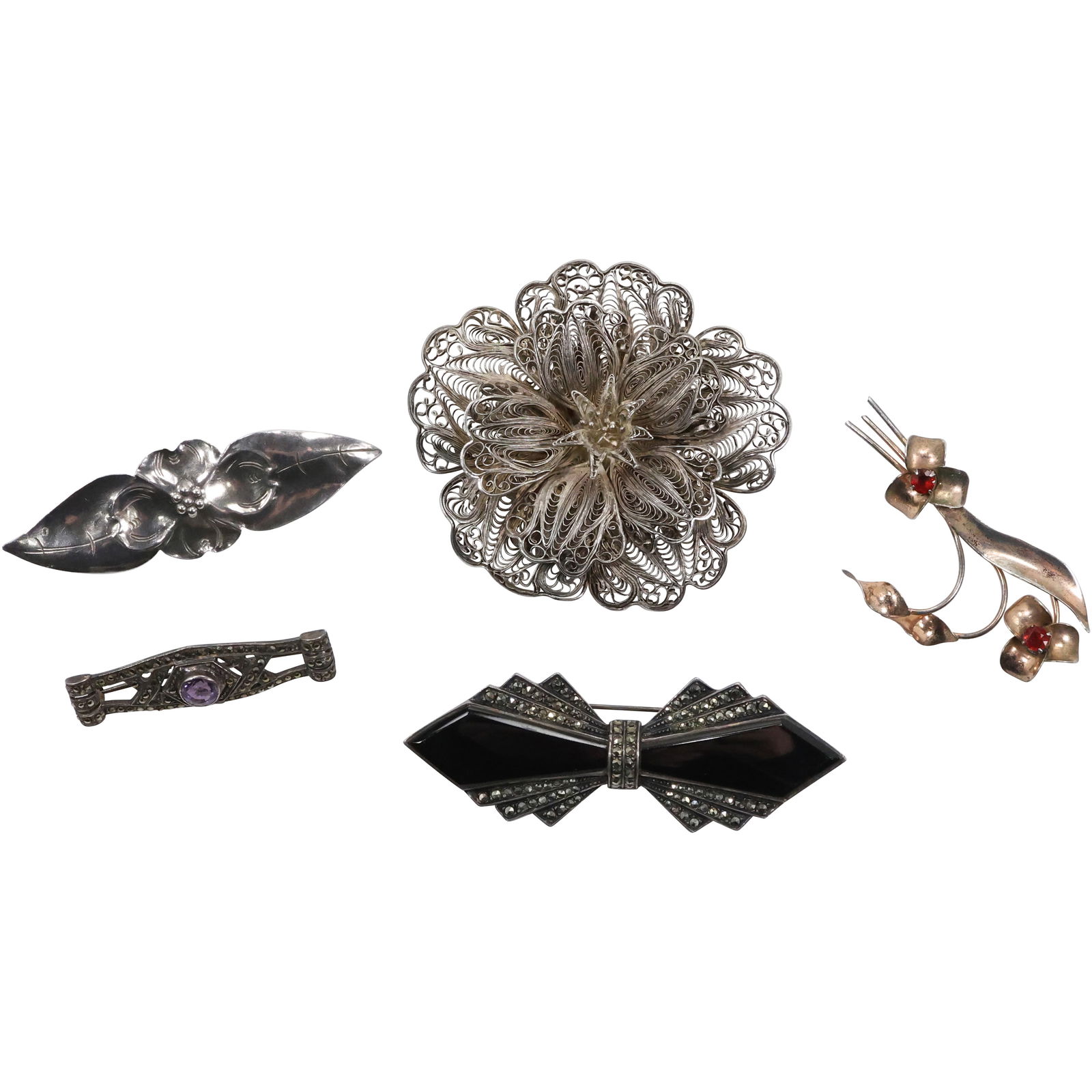 5 Assorted Sterling Silver Pins 80.2 grams total weight: .925 Black Onyx with Marcasites Art Deco (1 of 20)