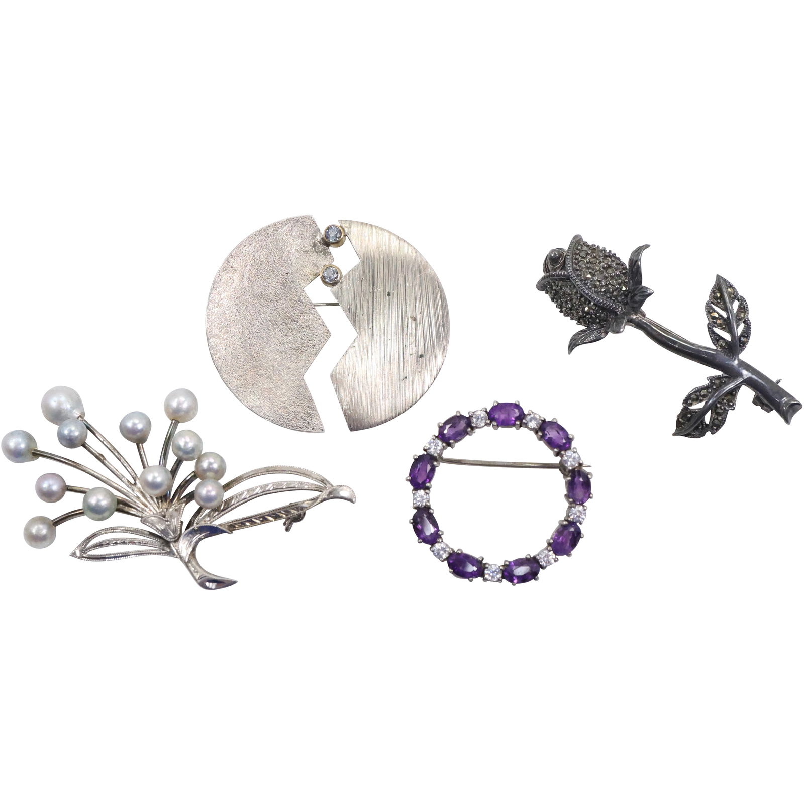 4 Assorted Sterling Silver Pins: Marcasites Rose Stem 2 in. x 1 1/4 in.; Spray Freshwater Cultured (1 of 16)