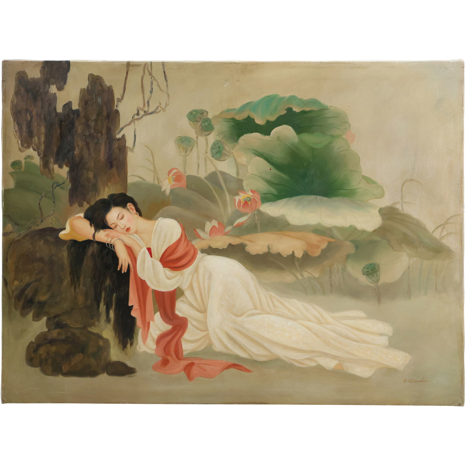 after Wang Mei Fang , "Dream Lotus" large Giclee on Canvas by A. Claudie, 30 in. x 40 in.: after Wang Mei Fang , "Dream Lotus" large Giclee on Canvas by A. Claudie, 30 in. x 40 in. size: 30 x 40