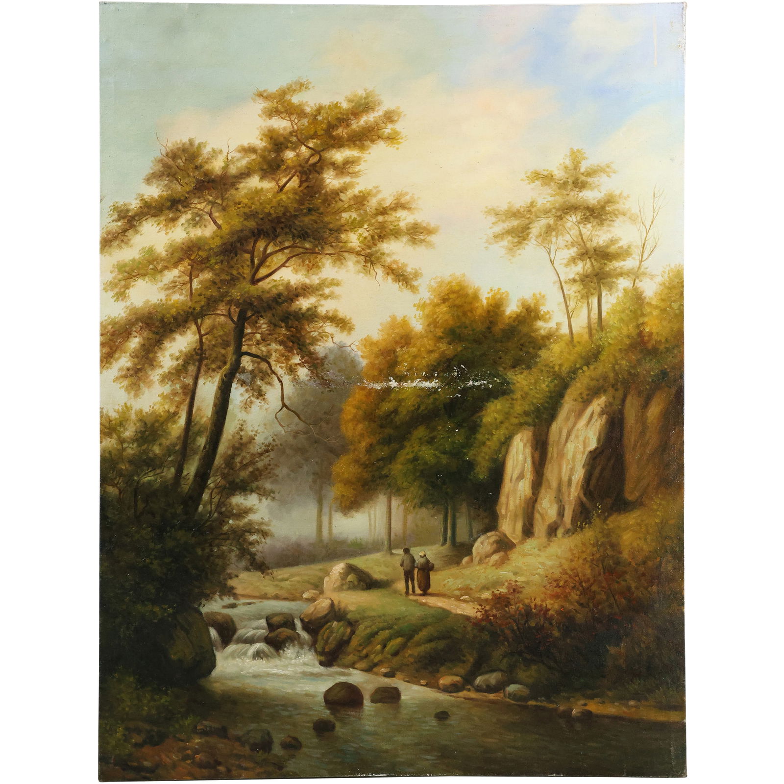 Idyllic Summer Forest Landscape with Stream, Figures Oil on Canvas Painting 39.5 in. x 30 in. (1 of 18)