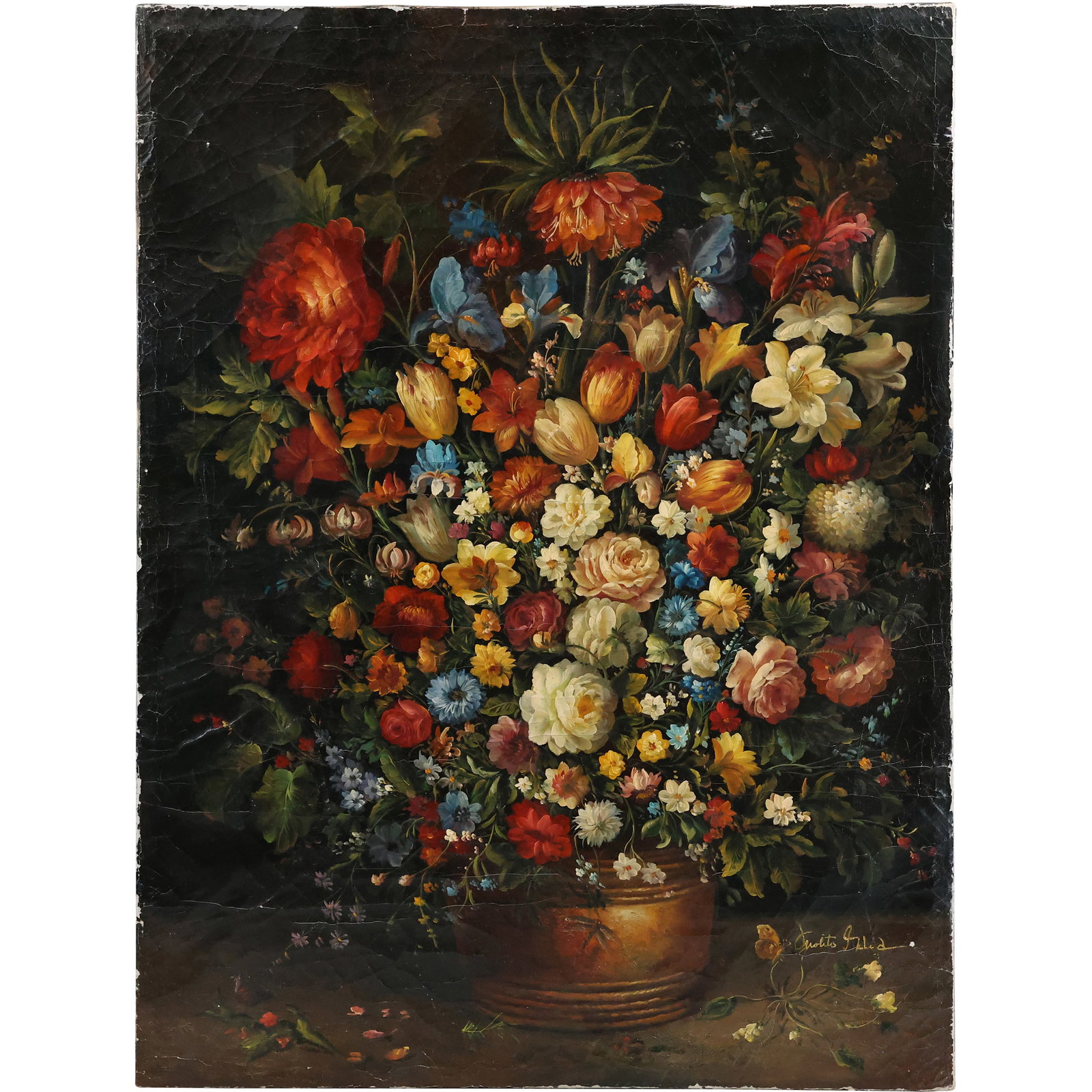 after Pieter Bruegel, Fine 20th C. Oil on Canvas Painting Flowers in a Wooden Vessel 30 in. x 40 in: after Pieter Bruegel, Fine 20th C. Oil on Canvas Painting Flowers in a Wooden Vessel 30 in. x 40 in. This exquisite oil painting captures the timeless elegance of a Flemish-style still life, featuring
