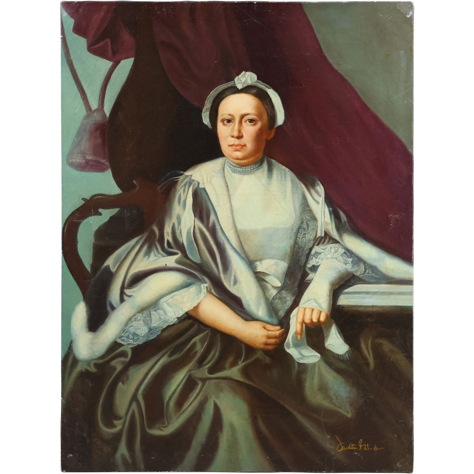 after John Singleton Copley, 20th C. Oil on Canvas Painting Mrs. Robert Hooper, Hannah White Howell (1 of 13)