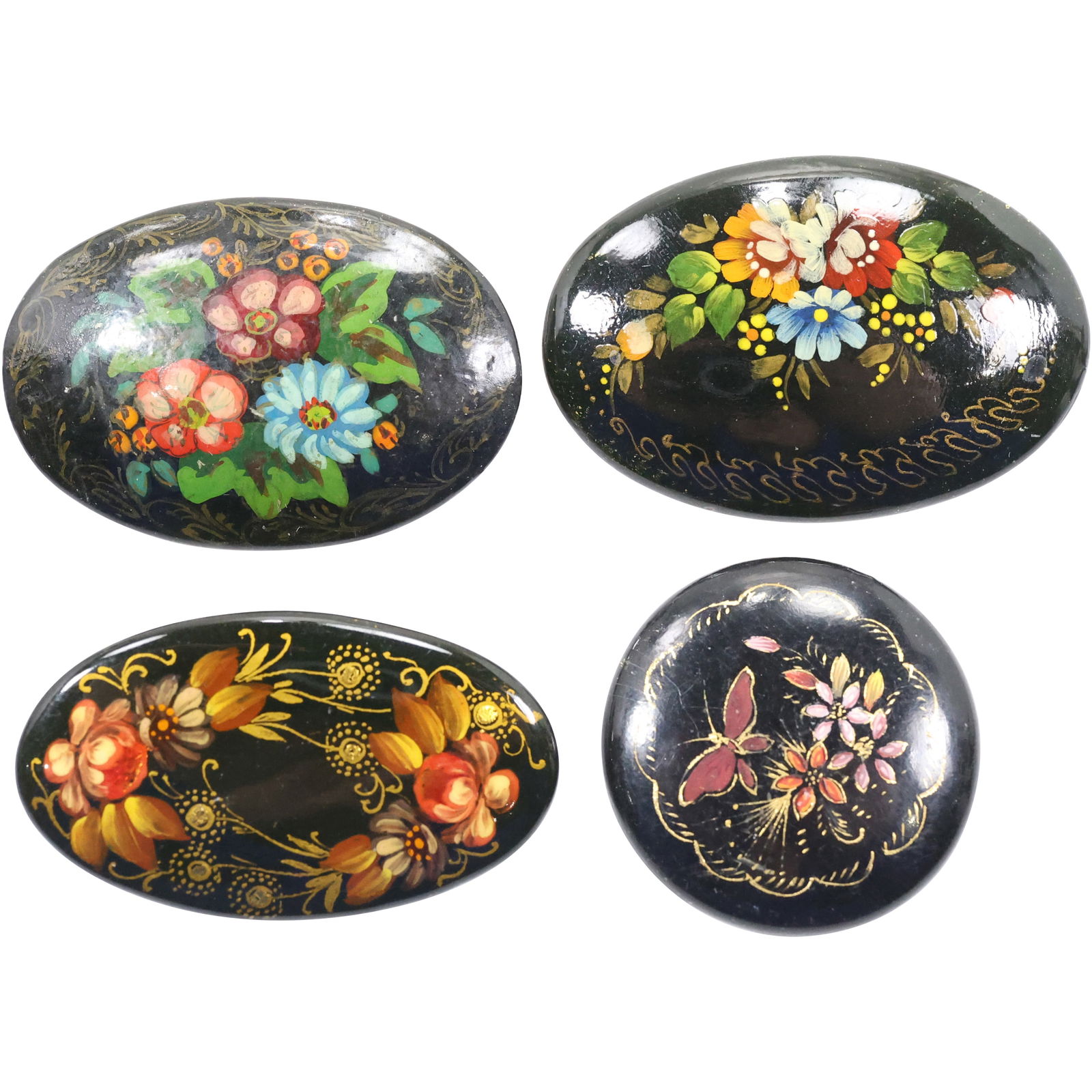 4 Assorted RUSSIAN Hand Painted Lacquer Pins - variety of floral scenes one with butterfly (1 of 11)