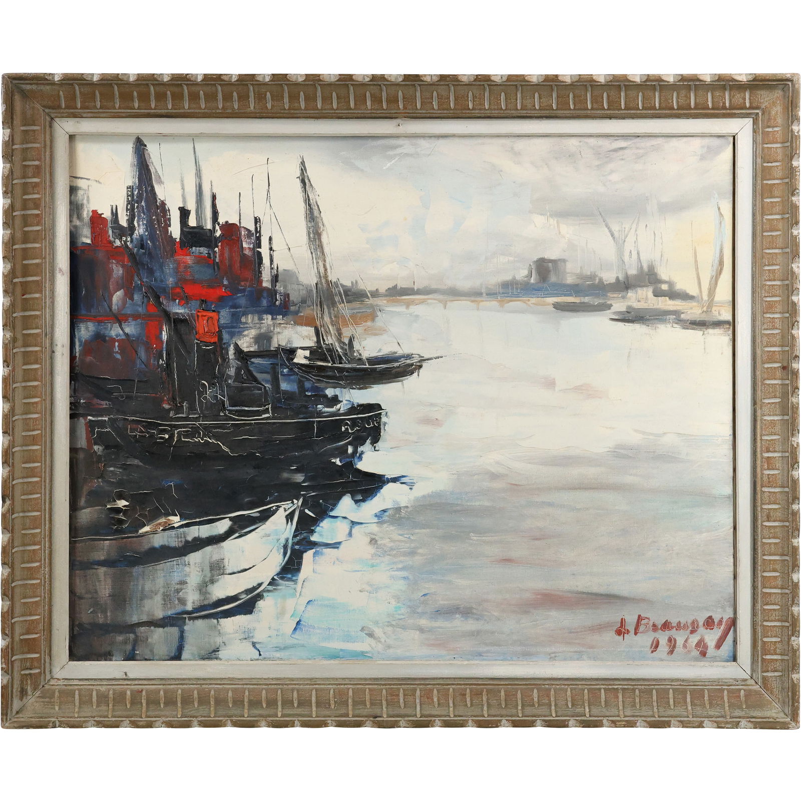 1960s French School Harbor Scene with Boats Signed Dated 1964, Framed (1 of 15)