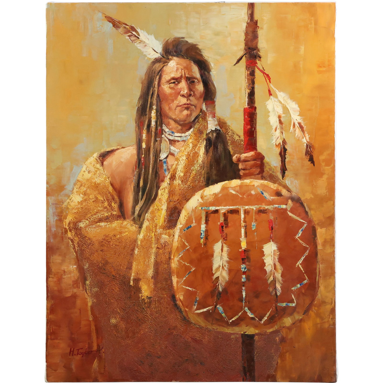 H Tayler, Fine 20th C, Large Oil on Canvas Painting Native American Indian Holding Sacred Shield (1 of 16)