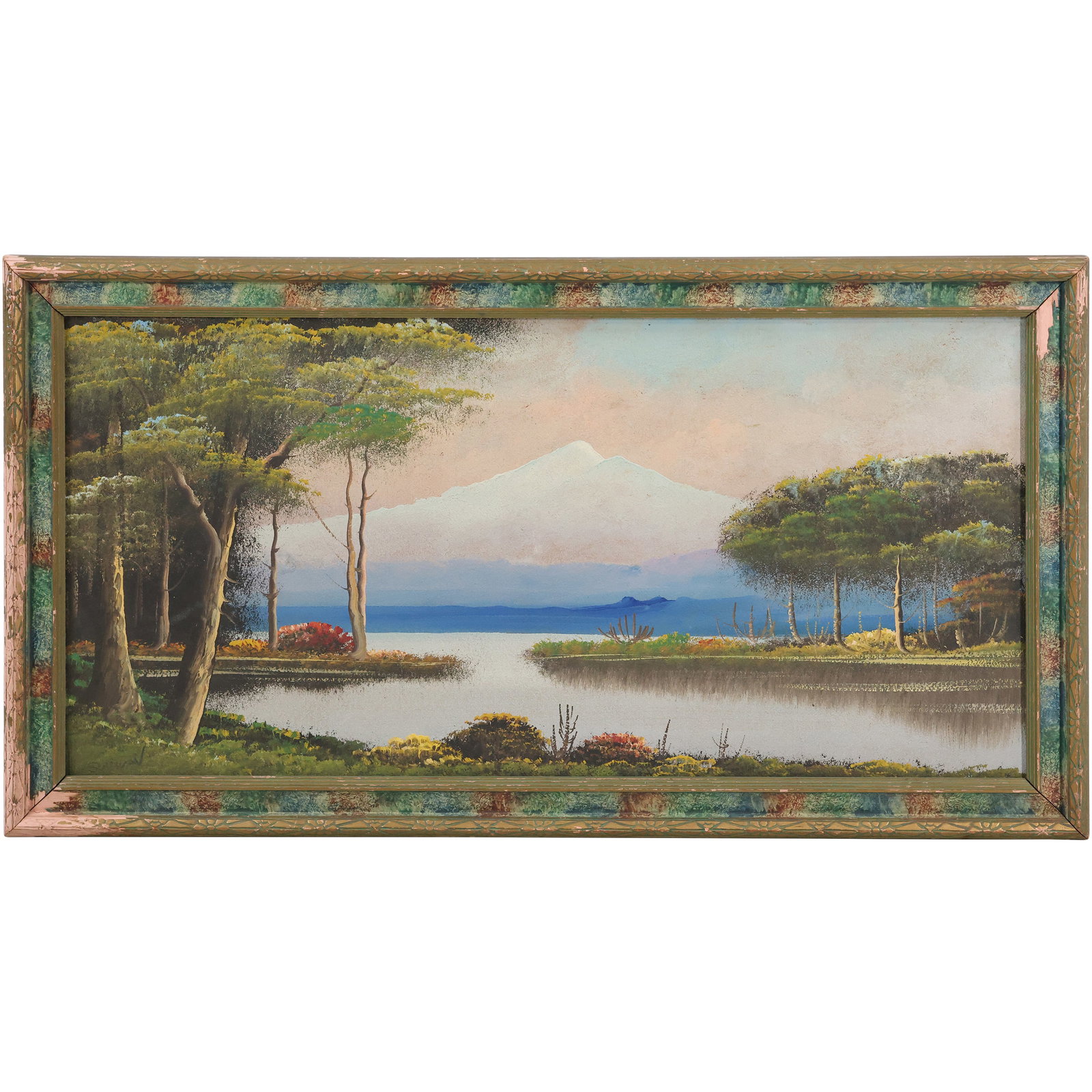 Circa 1920s Oil on Board Painting Snow Caped Mountainous Landscape and Lake, Framed: Circa 1920s Oil on Board Painting Snow Caped Mountainous Landscape and Lake, Framed. 12 x 24 , outside of frame: 14.5 x 26.5