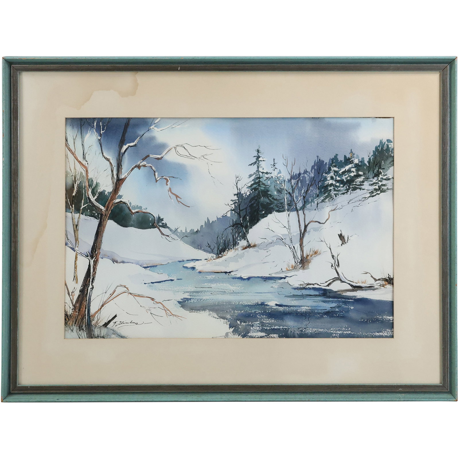 Kay Timbers, American, Ink and Watercolor Landscape with Stream "Blue Ice", Exhibition Label: Kay Timbers, American, Ink and Watercolor Landscape with Stream "Blue Ice", Exhibition Label. size: 24 x 21 , outside of frame: 22 x 29