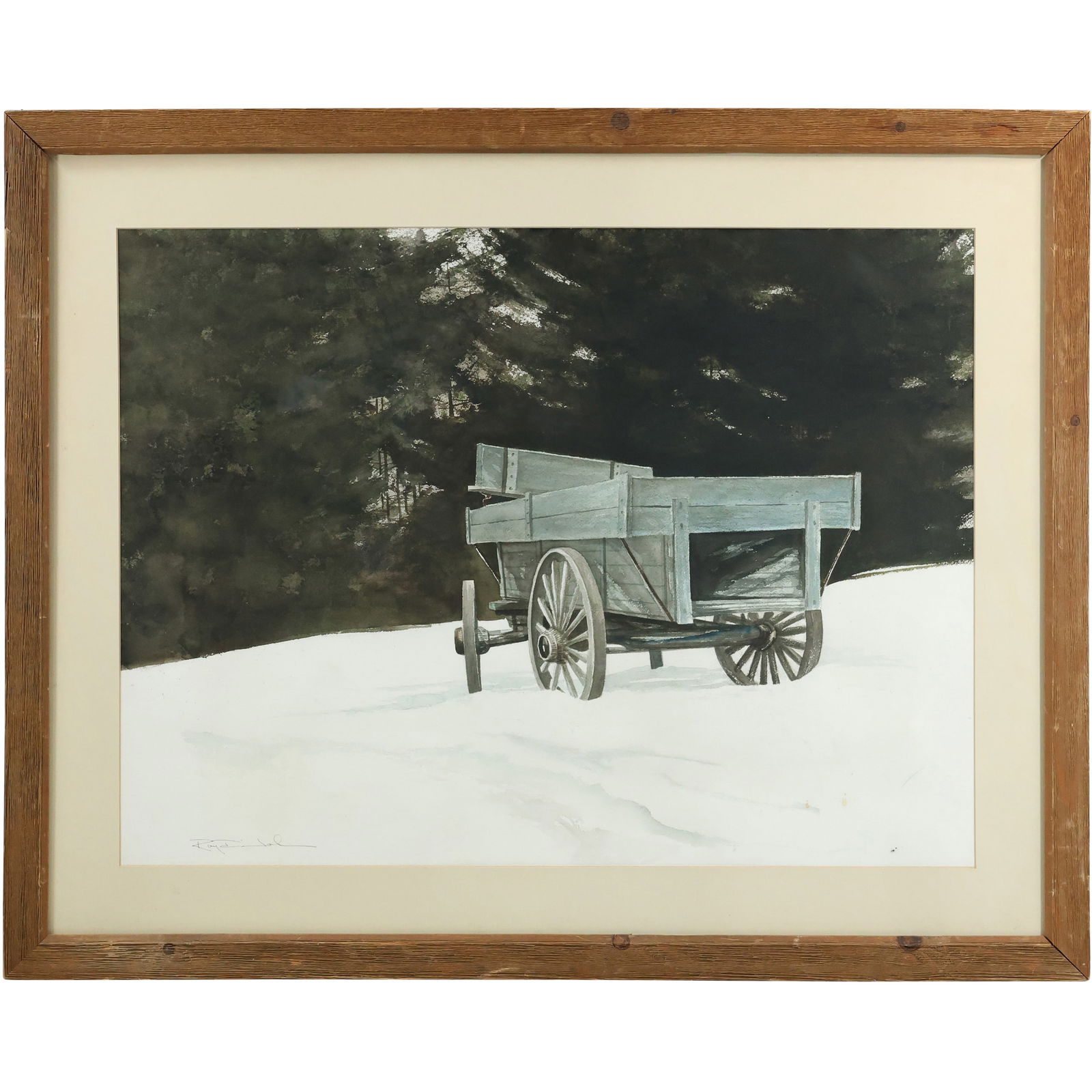 Artist Signed Fine 20th C. Watercolor Painting Country Work Wagon in the Snow Landscape (1 of 16)