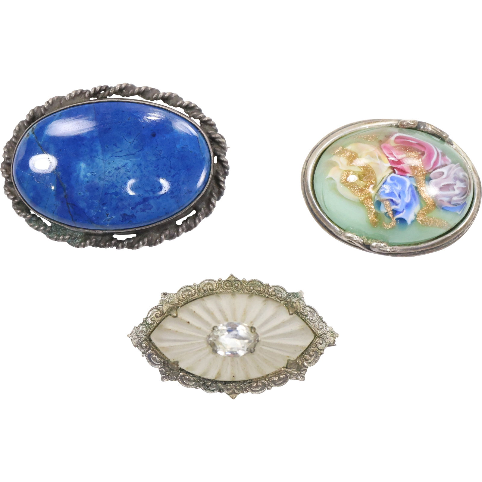 3 Vintage Sterling Silver Pins: Jex .925 Murano Pin 1 1/4 in. x 7/8 in. ; Victorian Sterling Frost: 3 Vintage Sterling Silver Pins: Jex .925 Murano Pin 1 1/4 in. x 7/8 in. ; Victorian Sterling Frost Pin with Center CZ Stone 1 1/4 in. x 3/4 in.; Sterling with Lapis Stone 1 1/2 in. x 1 in.