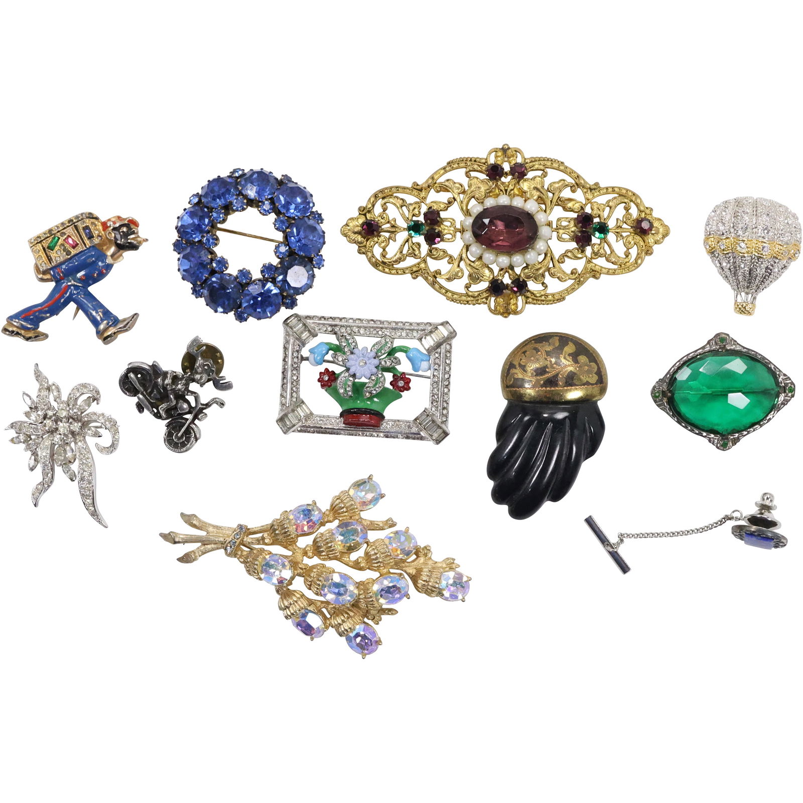 11 Assorted Costume Pins and Scarf Clips: Green Stone Faceted 1 1/2 in.; Porter Pin 1 3/4 in. (1 of 17)