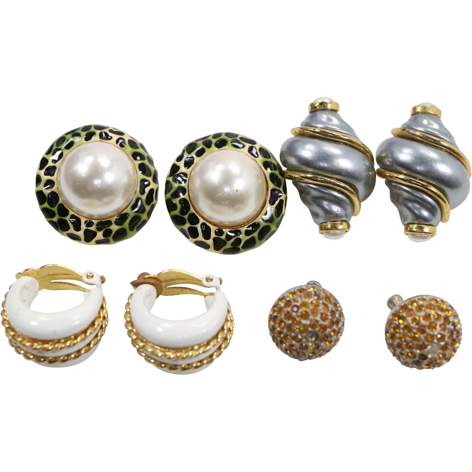 4 Assorted Pairs Costume Clip-on Earrings: Earwin Pearl White Lacquered with Gold Tone Hoops (1 of 15)