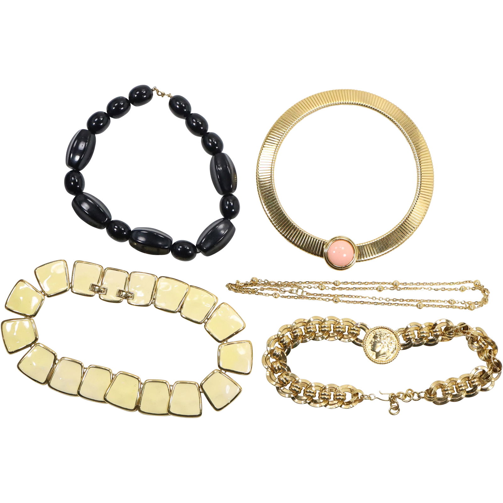 5 Assorted MONET Fashion Costume Jewelry Necklaces: Yellow Enameled Panels 16 in. x 1 1/4 in.; (1 of 20)