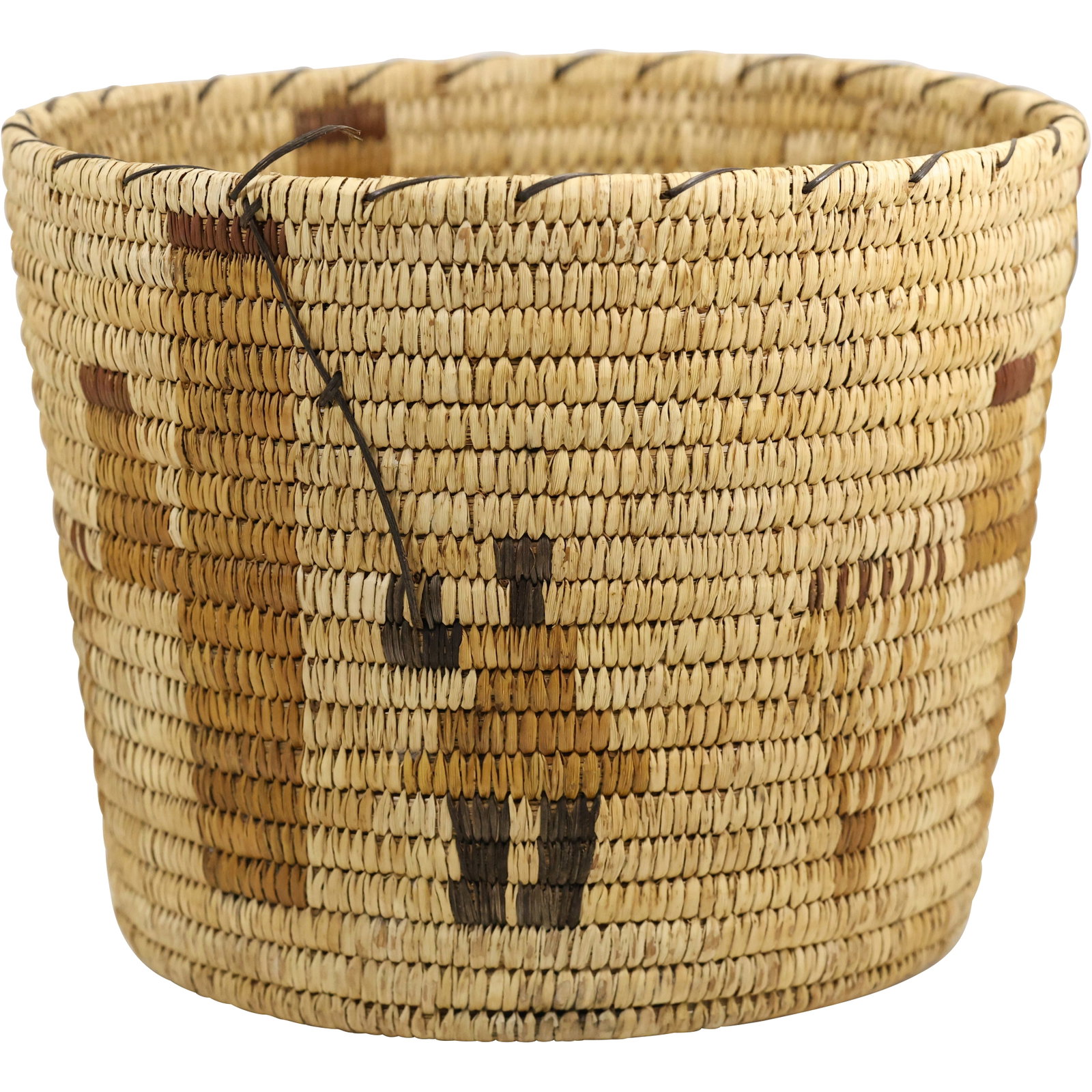 Vintage Large Pictorial Papago Indian Basket - Arizona Saguaro Desert Design: This exceptional vintage Papago Indian basket showcases intricate craftsmanship with a stunning pictorial design featuring Arizona's iconic saguaro cacti. Handwoven with natural materials, the basket 