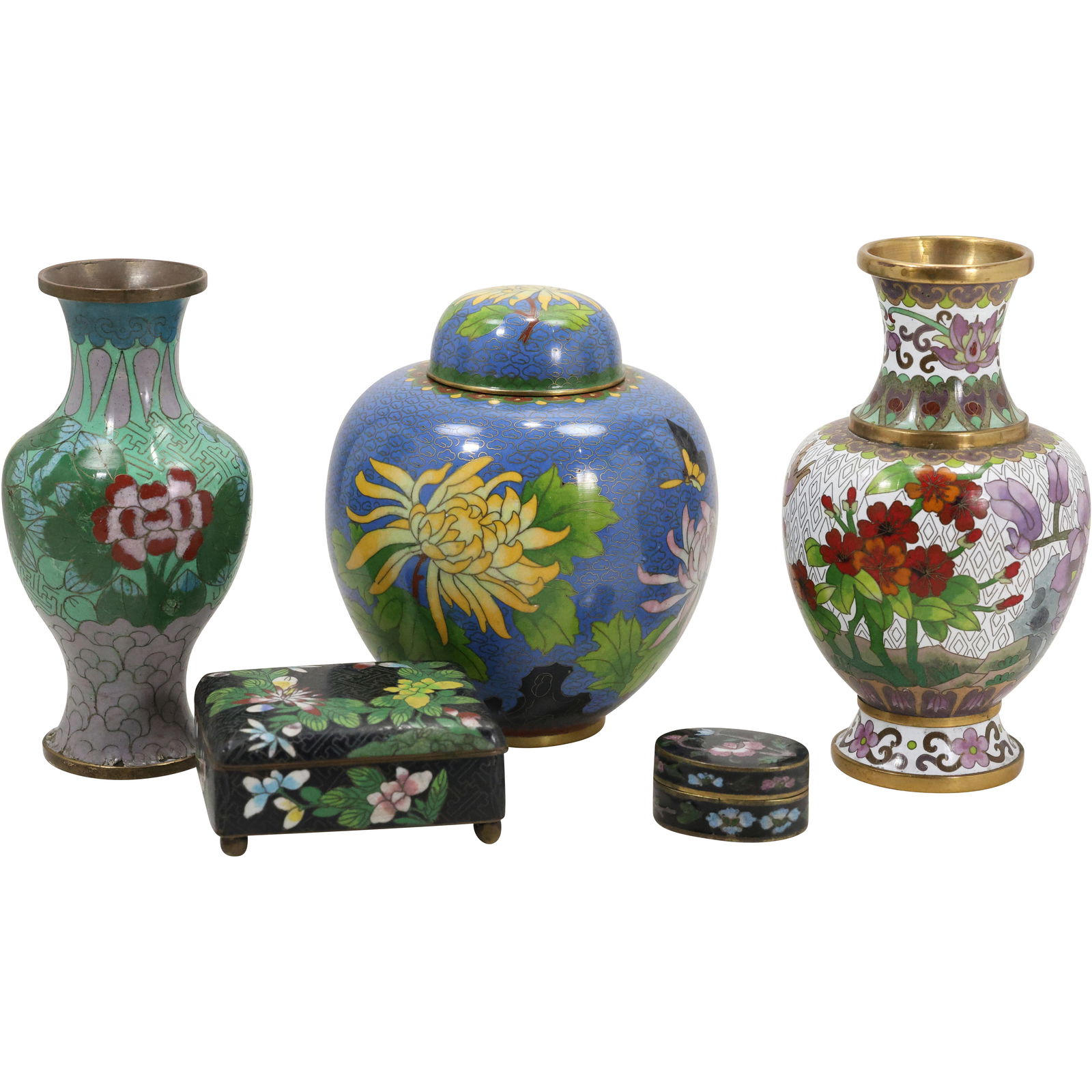 5 Assorted Cloisonne Pieces with Intricate Patterns: 2 Vases, Ginger Jar & 2 Boxes (1 of 14)