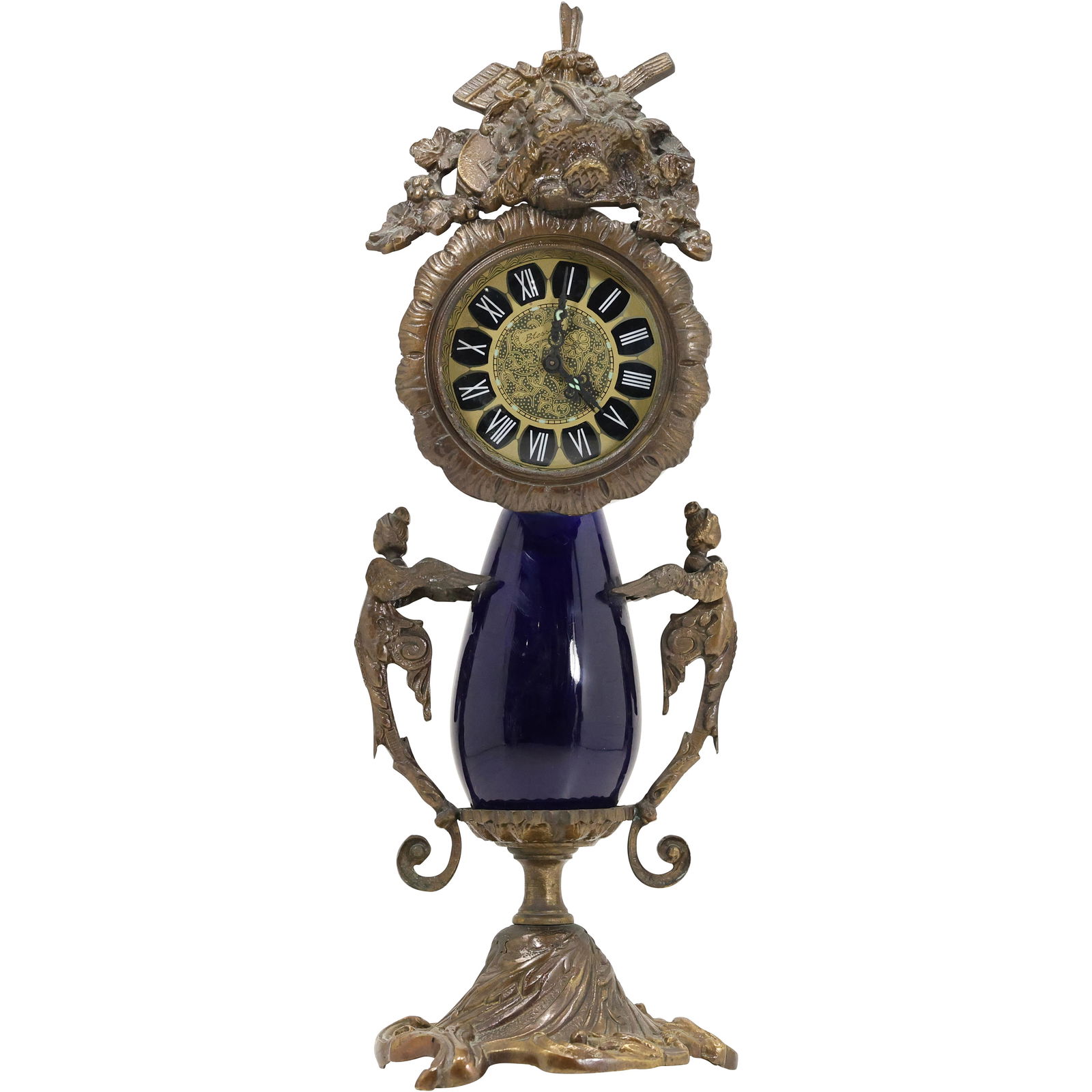 ANTIQUE BRONZE and COBALT CERAMIC MANTEL CLOCK, Women Figure Handles, West Germany (1 of 15)