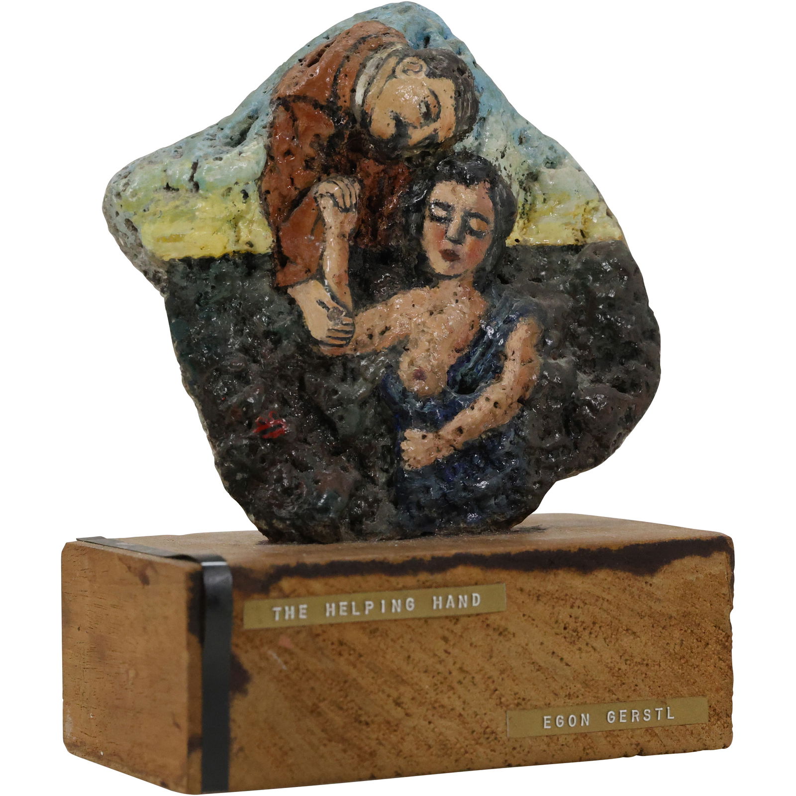 EGON GERSTL, Hand Painted Stone Sculpture titled "The Helping Hand" on Wood Block Base (1 of 12)