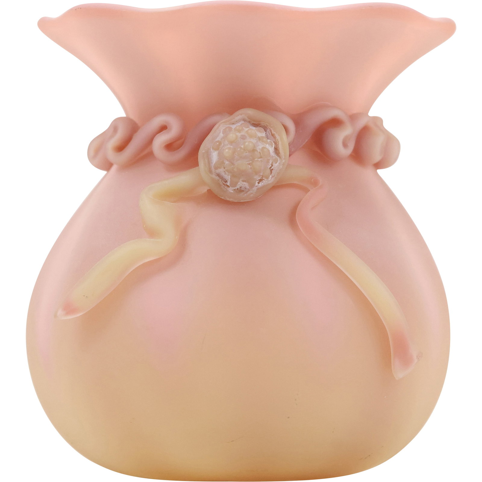 MT WASHINGTON GLASS CO STYLE BURMESE SACK VASE, RIBBON, BERRY RIGAREE: MT WASHINGTON GLASS CO STYLE BURMESE SACK VASE, RIBBON, BERRY RIGAREE. size: 5 in. x 5in. S:B