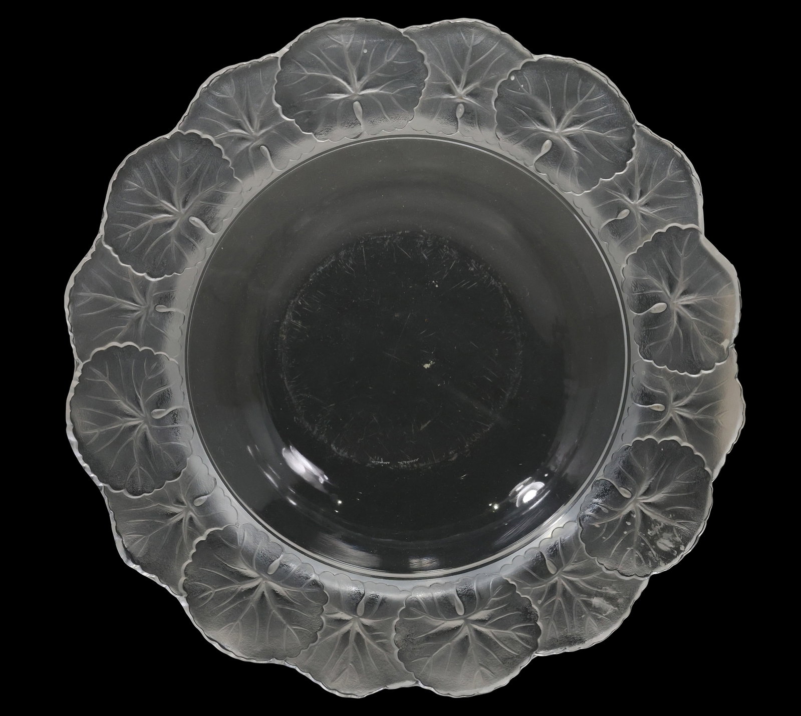 Signed Lalique Crystal LARGE Art Glass Honfleur Geranium Lily Pad Frosted Edge Bowl 11": Signed Lalique Crystal LARGE Art Glass Honfleur Geranium Lily Pad Frosted Edge Bowl 11" size: 11 x 2