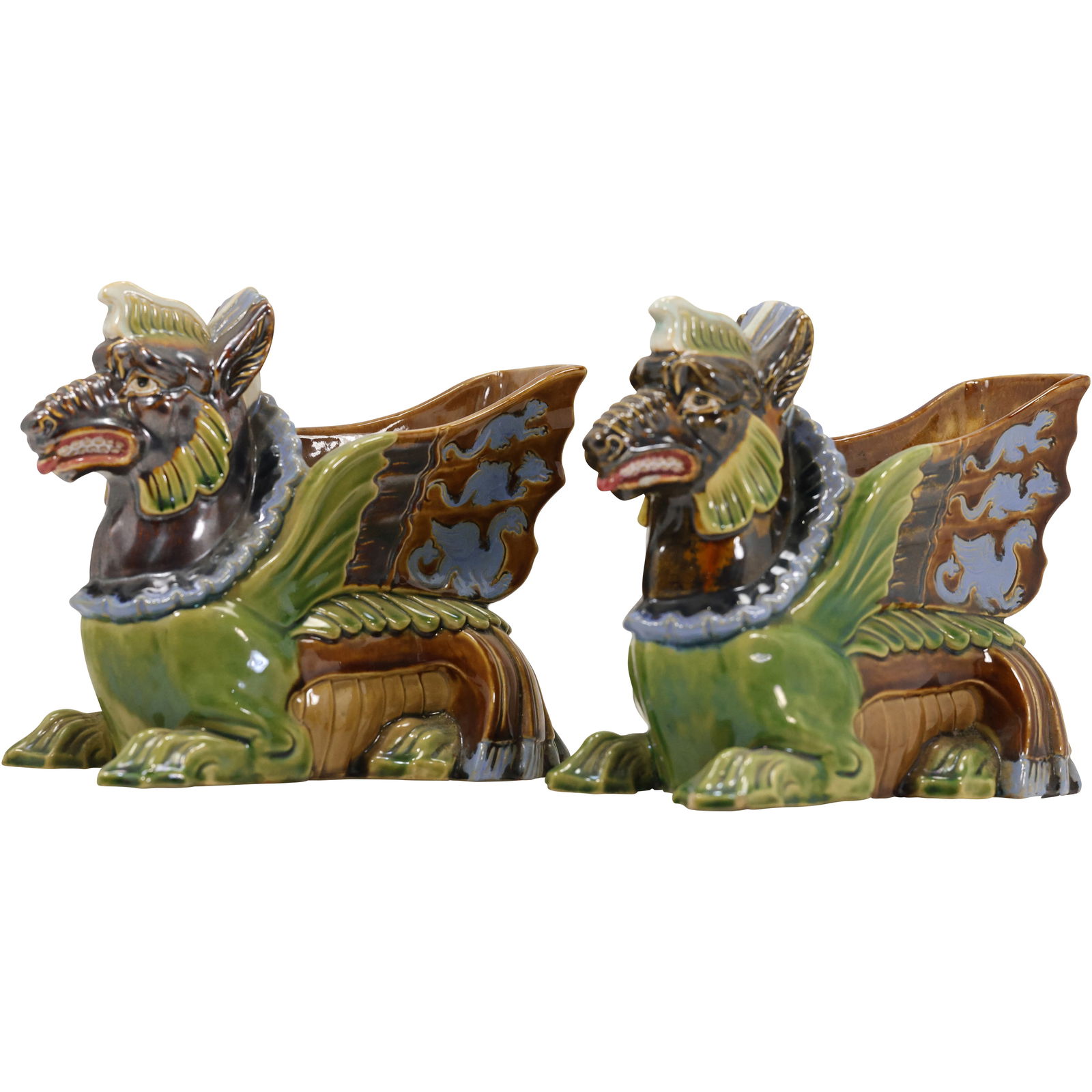 Pair Majolica Chinese Temple Lion Figural Planters / Vases 9 in. x 6 in. (1 of 17)