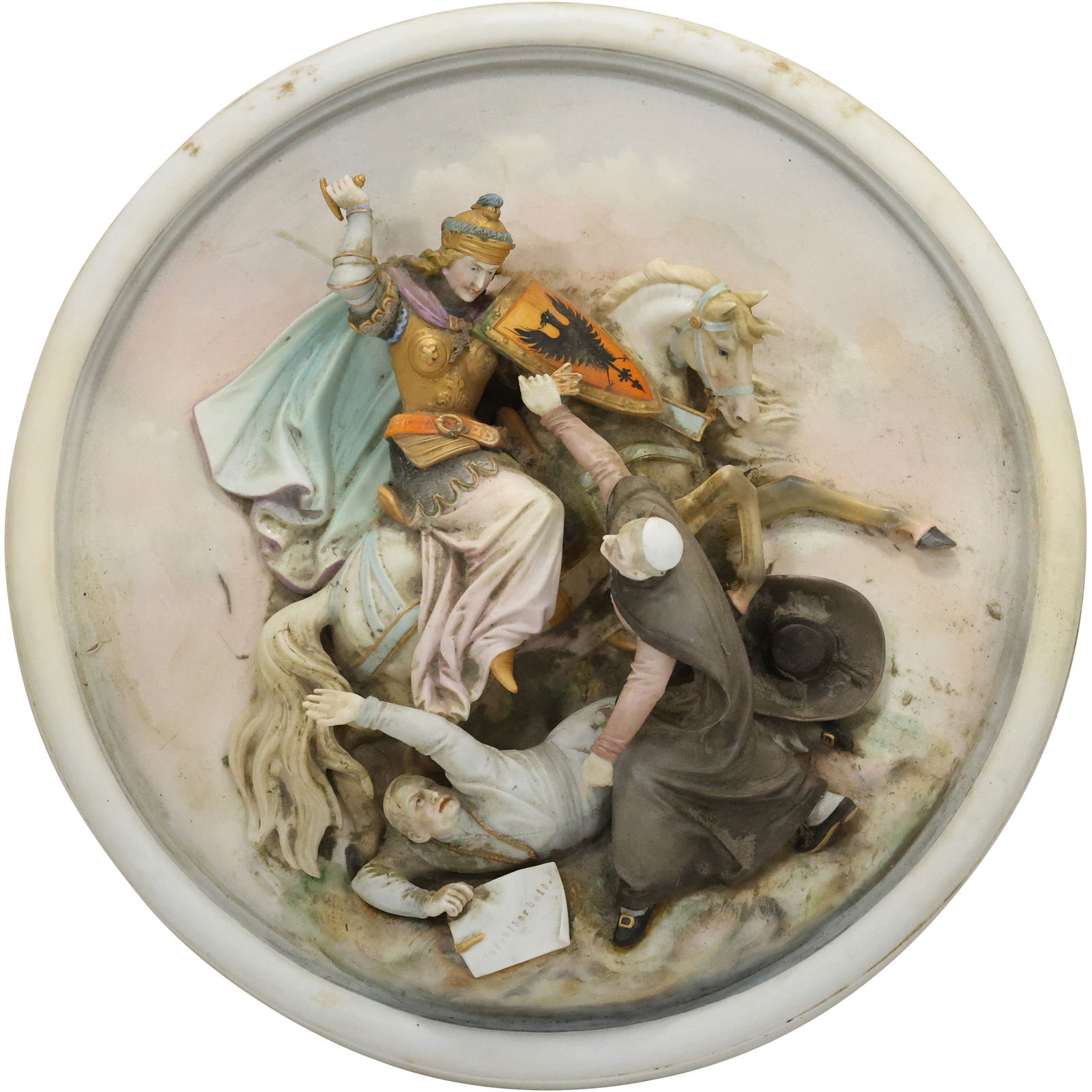 19th C. Round Bisque Relief Sculptured Wall Plaque with Warrior on Horse in Battle Scene 13 in. dia. (1 of 20)