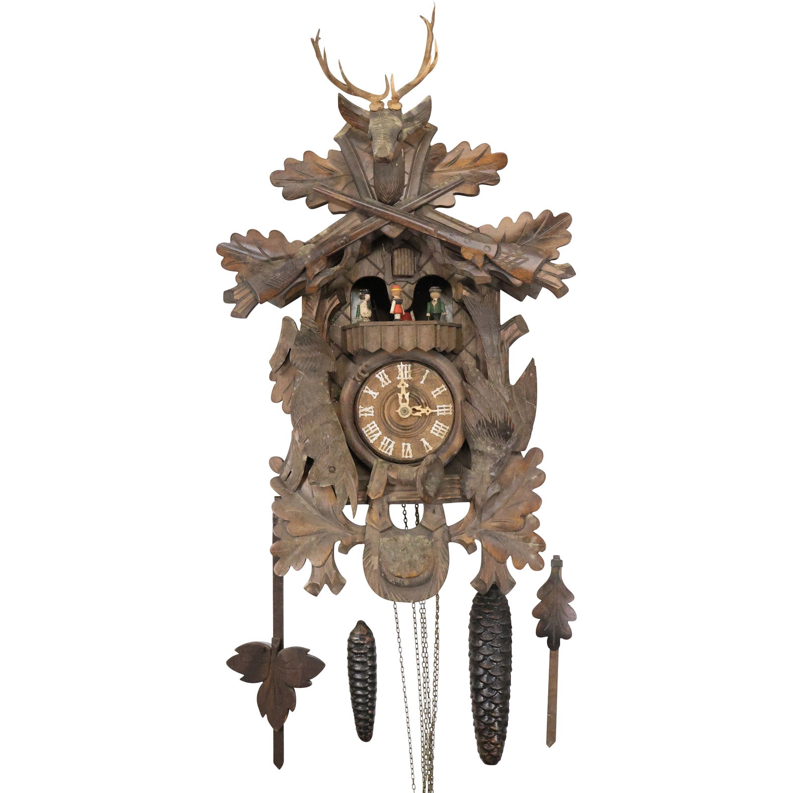 Antique Black Forest Carved Walnut Coo Coo Clock, Deer Head, Game Hunt, Horn, Revolving Figures (1 of 15)