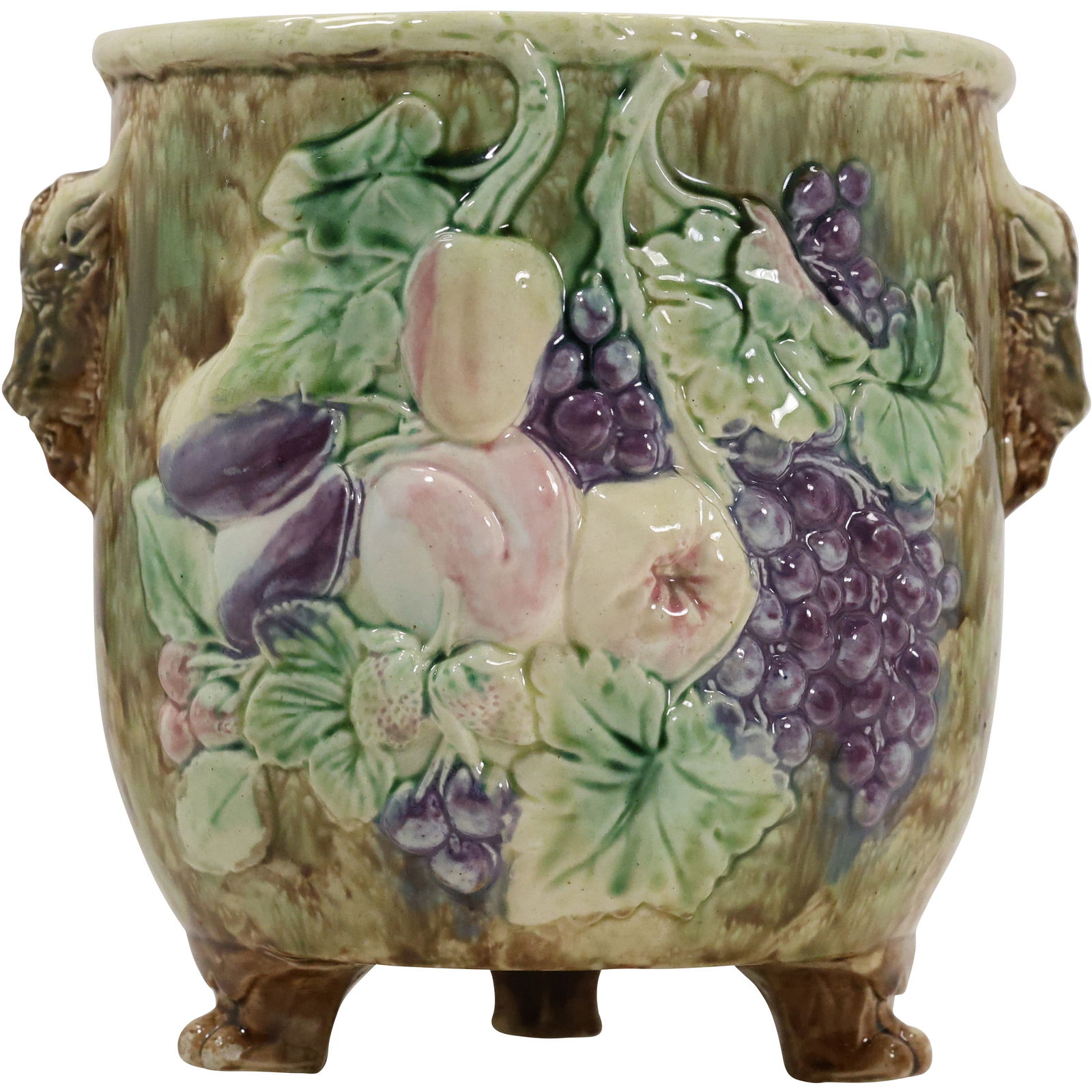 19th C. Antique English Majolica Figural Handled & Footed Jardiniere with Fruit 9.5 in. x 10 in. (1 of 15)