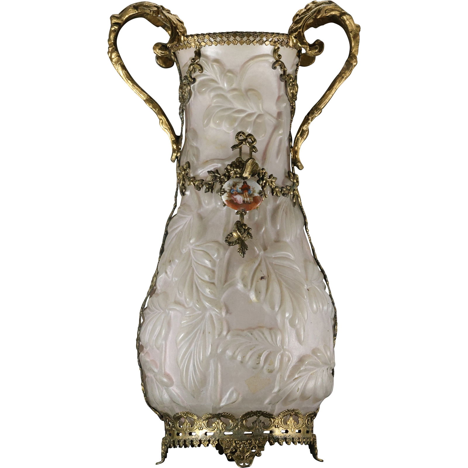 Antique 19th C. Victorian Frosted Glass Ormolu Mounted Vase 13.5 in. height x 7 in. wide (1 of 16)