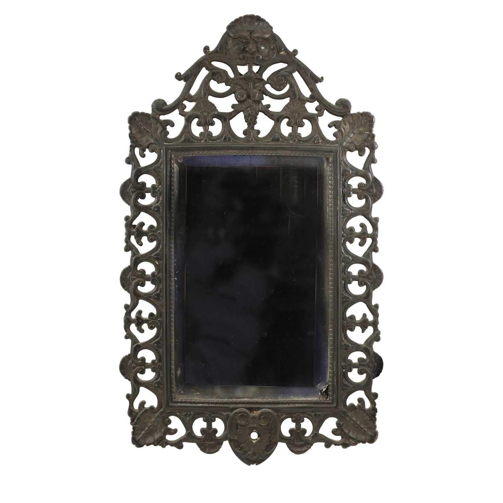 19th C. Bronze Rococo Mirror Fame with Bacchus Head Crest - Wall Mount 14.5 in. x 8.5 in. (1 of 14)