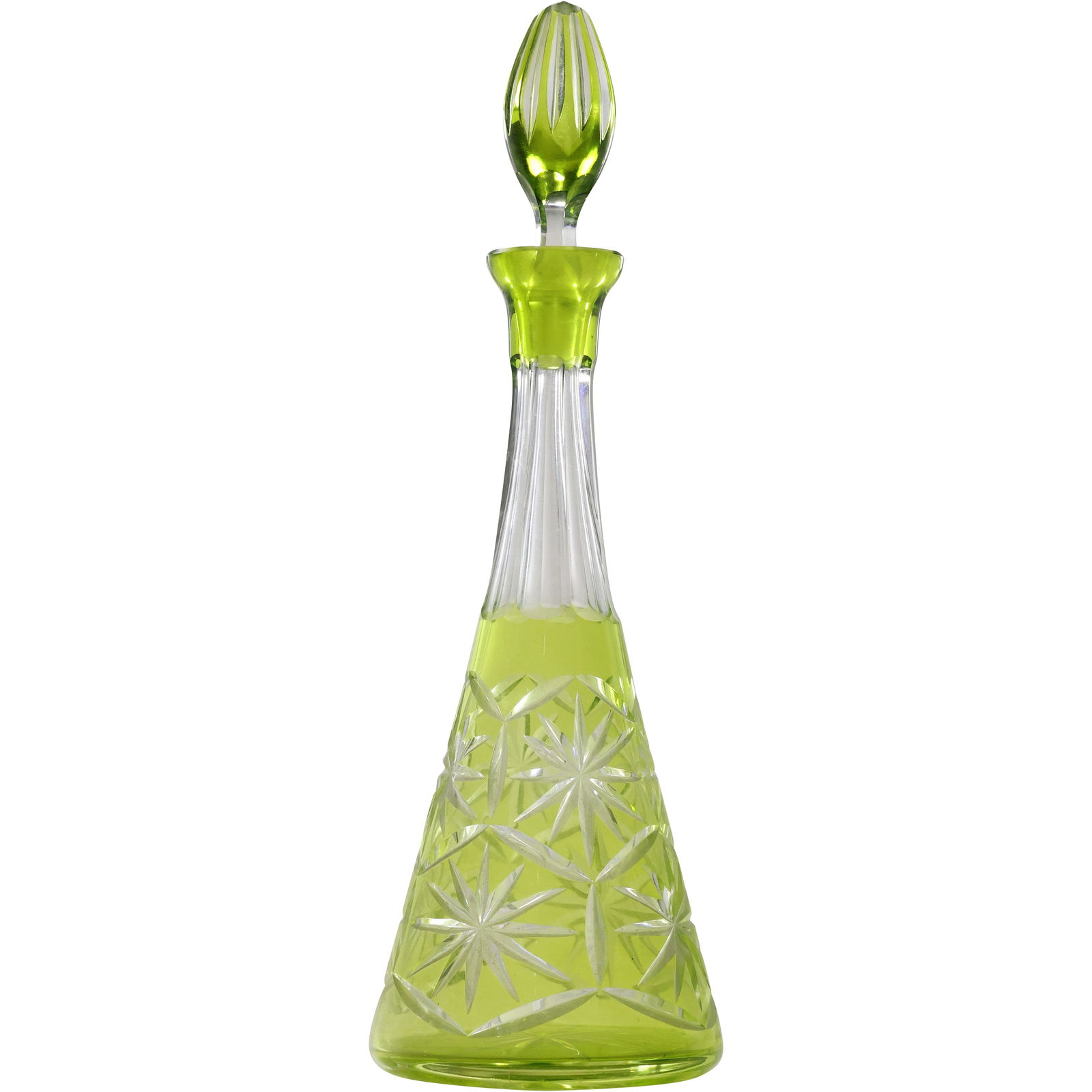 Bohemian Lime Green Tall Cut Glass Decanter with Stopper 16 inches height x 5 inches (1 of 15)
