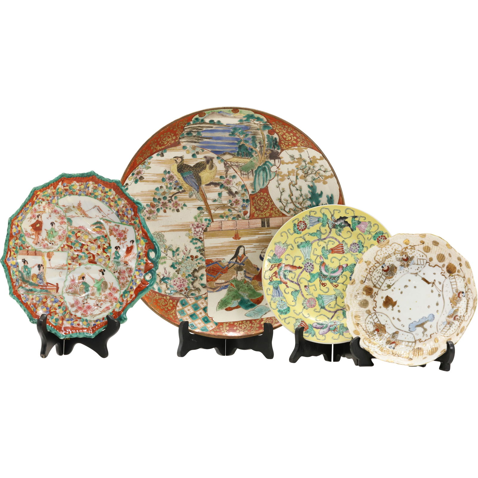 4 Assorted Japanese / Chinese Fine Porcelain Plates and 14 in. Charger: 4 Assorted Japanese / Chinese Fine Porcelain Plates and 14 in. Charger. size: 14 x 2 S:B