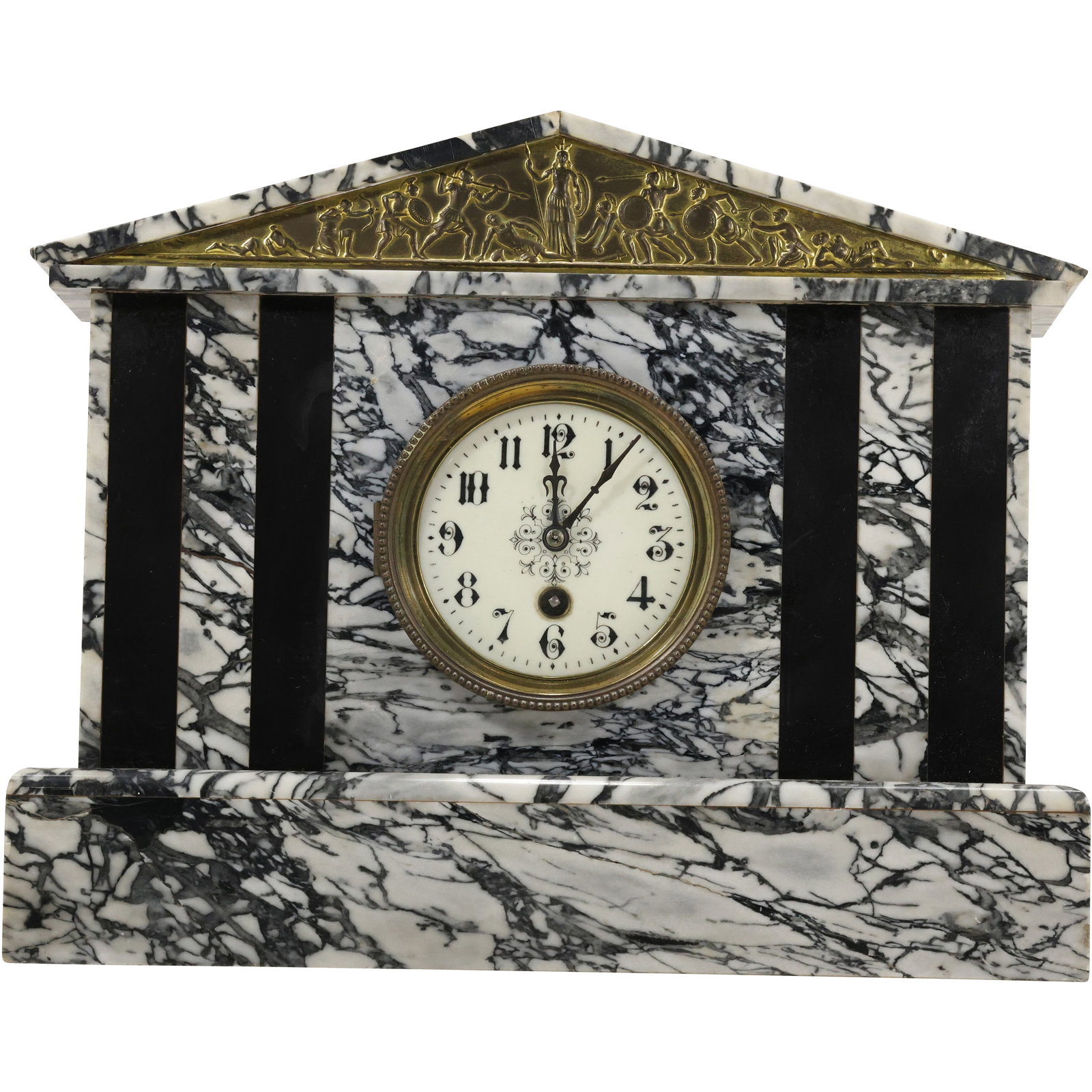 Quality Antique Marble Mantle Clock with Brass Panels of Roman / Greek Figures 14.5 in. x 12 in. (1 of 20)