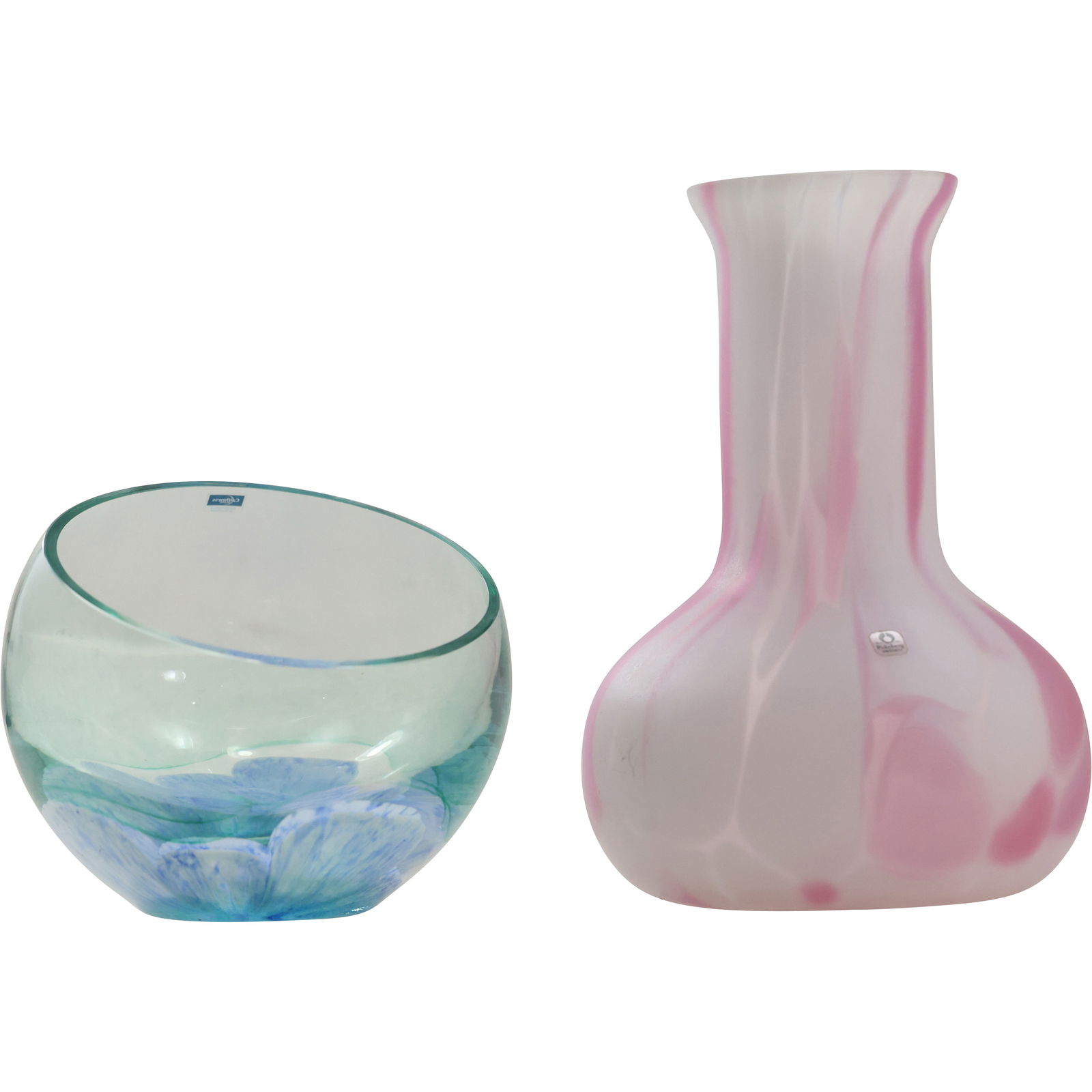 [2] Caithness Scotland Blue Art Glass Floral Paperweight Vase; Pukeberg Sweden Pink Glass Vase (1 of 12)